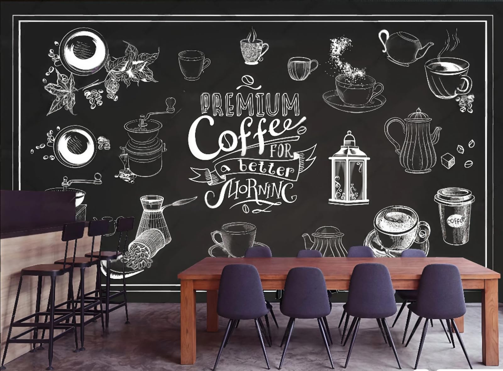 rskjdghshd Wallpaper Retro Blackboard Hand-Painted Chalk Coffee Cup Letters Dessert Shop Afternoon Tea Background Wall Western Restaurant Wallpaper Cafe Mural,3D,400x280cm