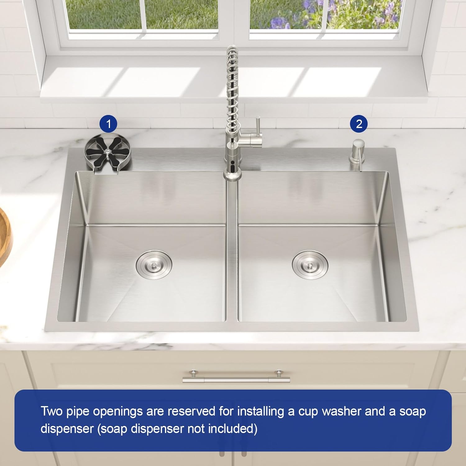 Dcolora 33 Inch Double Bowl Kitchen Sink Drop In Stainless Steel Sinks 60/40 Topmount Small Kitchen Sink with Cup Washer, DC-T7773