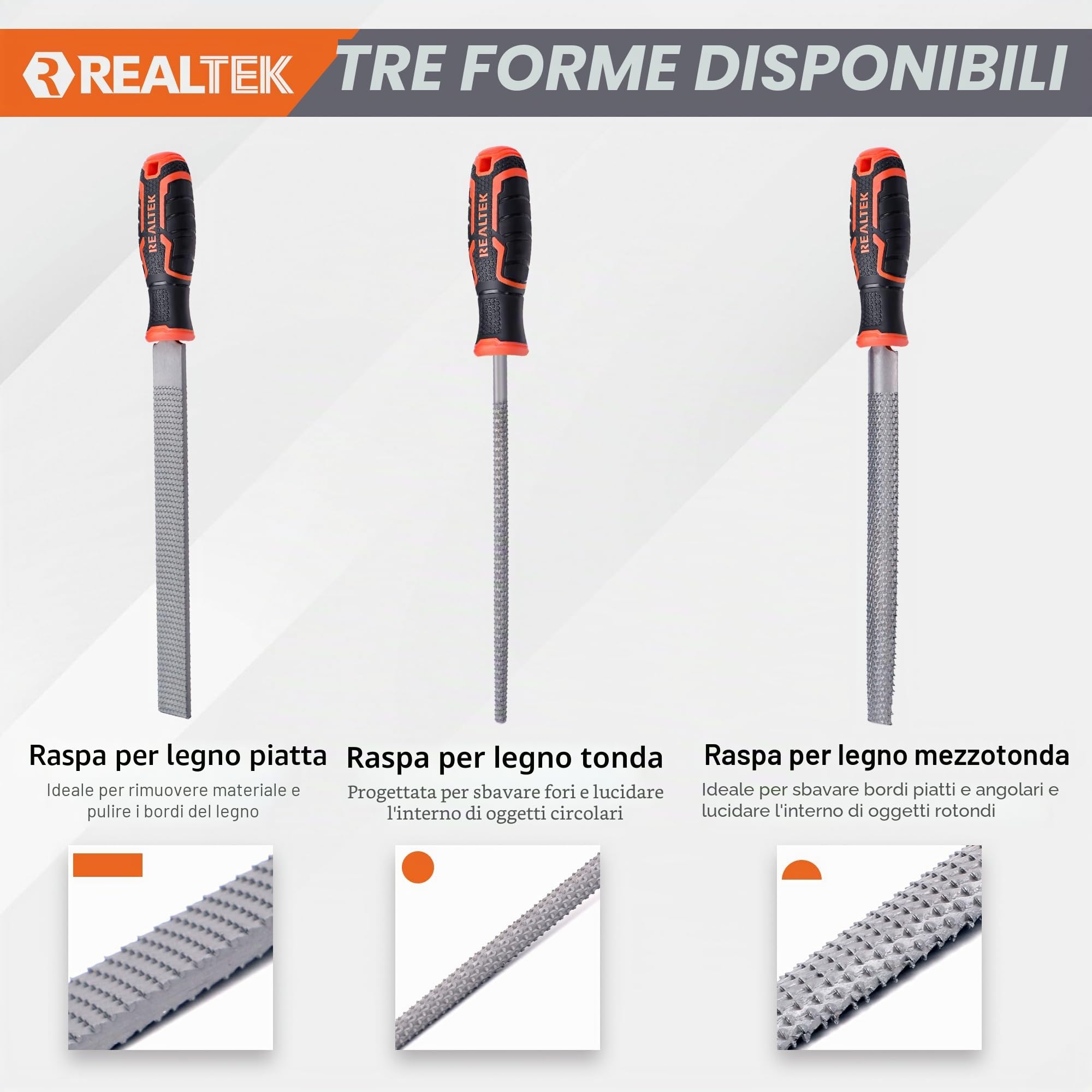 REALTEK Set di raspe per legno 3 pezzi, lima piatta, mezza rotonda e rotonda