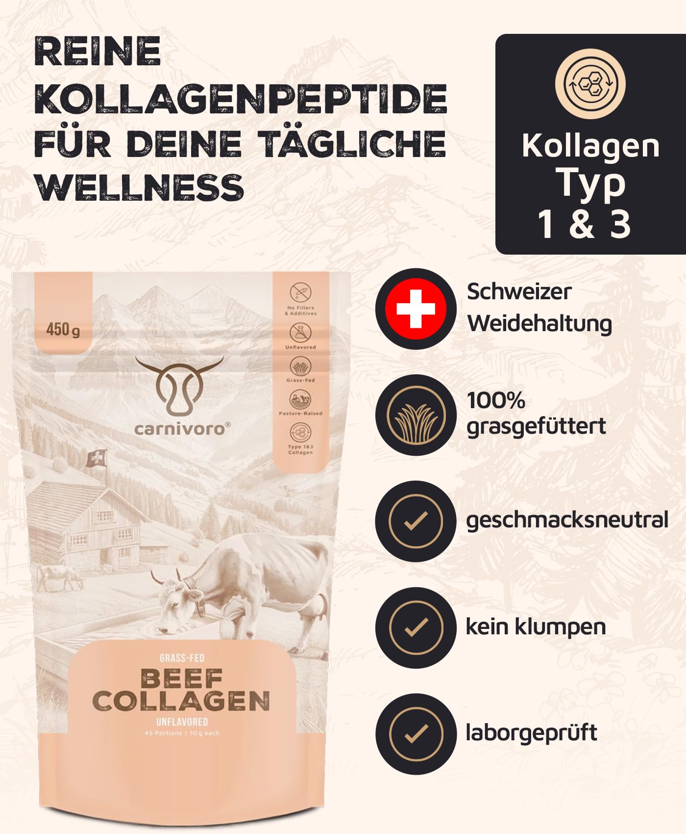 carnivoro Poudre de collagène de bœuf [450 g] - Hydrolysat de collagène de qualité supérieure de Suisse - Peptides de type 1 et 3 - Bonne solubilité - Neutre au goût