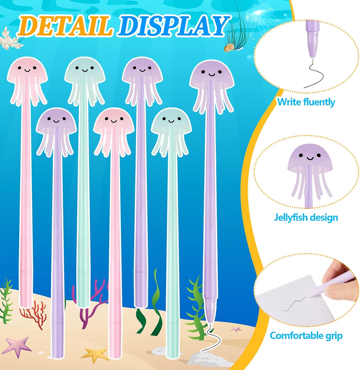 Outus 24 Pcs Novelty Jellyfish Pens Wiggle Bendable Soft Silicone Ballpoint Pens with 48 Pieces Refills Black Ink 0.5mm for Office Jellyfish Themed Party Supplies Easter St. Patrick Stuffers Gifts