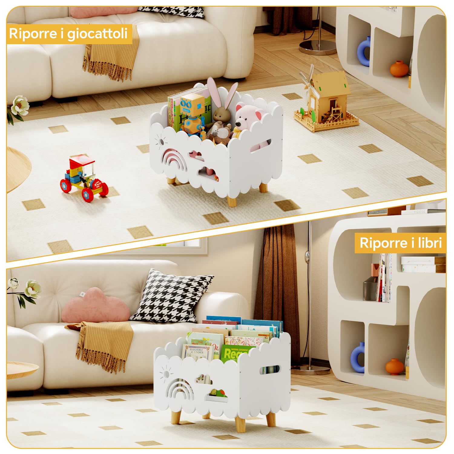 Libreria Montessoriana per Bambini Legno, Porta Libri Contenitore Giochi da Terra, per Cameretta Bambini e Stanza dei Giochi, Scatola Porta Oggetti, Espositore Libri