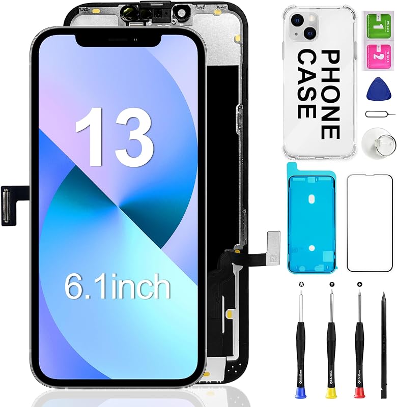 for iPhone 13 Screen Replacement LCD 6.1 Inch 3D Touch Display | Home or shop repair broken iPhone 13 Screen LCD. For A2482, A2631, A2633, A2634, A2635. Full Repair Tool kit, iPhone Case