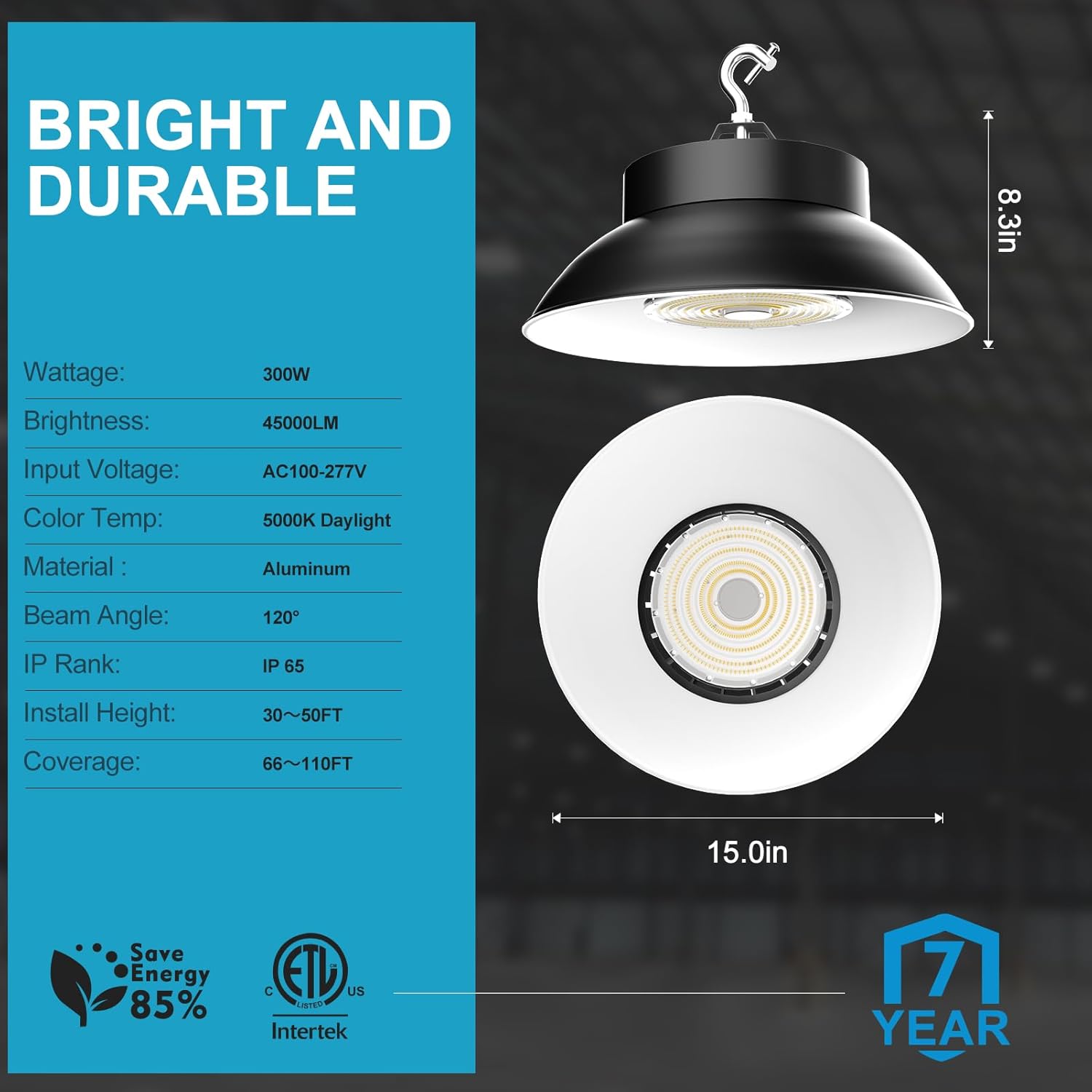 High-end 300W High Bay LED Shop Lights with 120° Reflector 45000lm 5000K UFO LED High Bay Light AC100-277V LED High Bay Lights with Plug and Play-4Pack