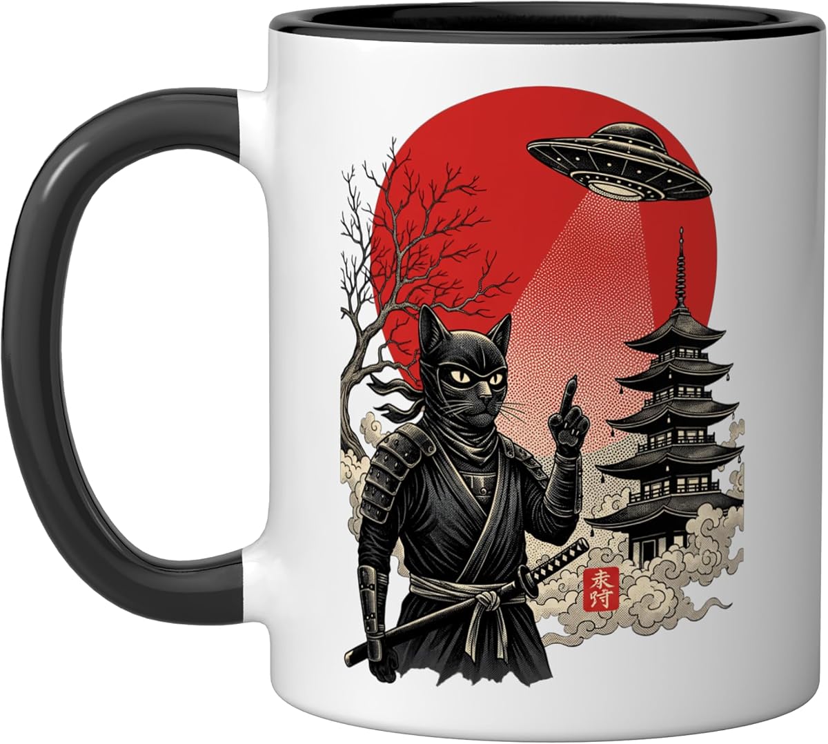 Samurai Cat Ninja With Katana Japanese Anime Kids Ceramic Mug, Black/White, 11oz