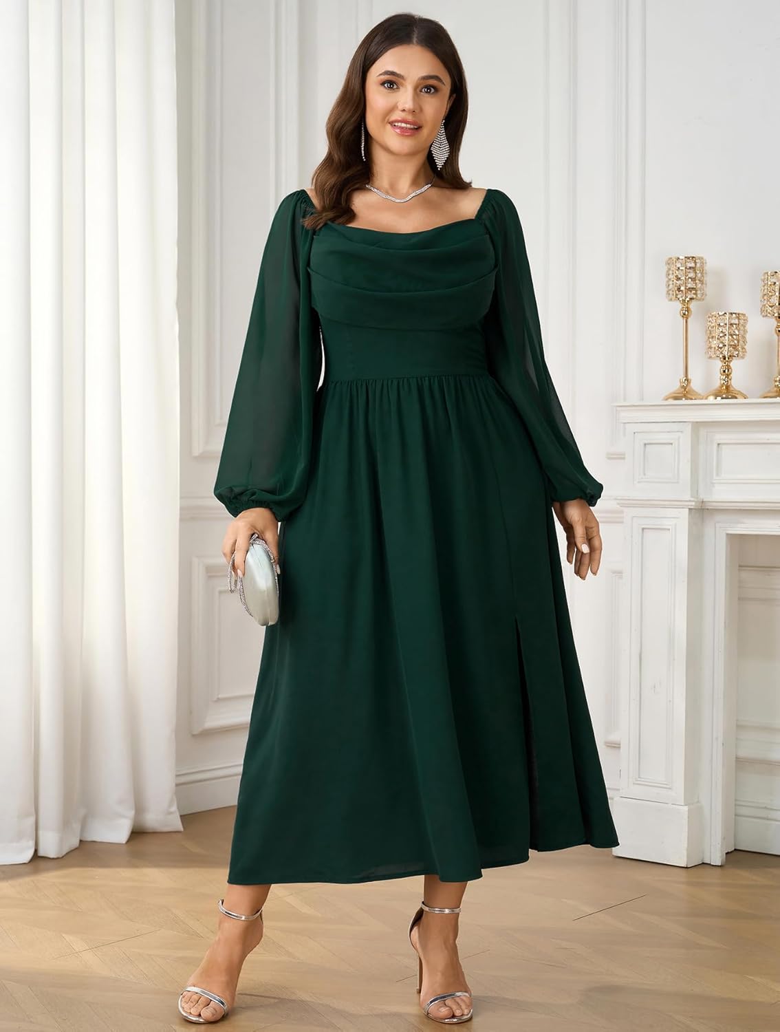 Women's Plus Size Dress Chiffon Long Sleeve Cowl Neck Wedding Guest Cocktail Party Maxi Dress - Image 5