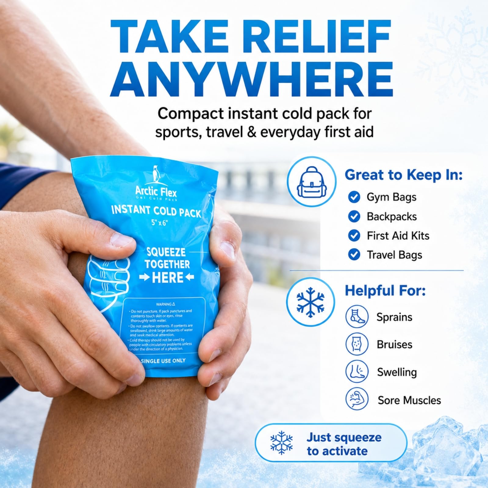Arctic Flex - Juego de 24 compresas frías instantáneas - Hielo desechable para alivio del dolor, inflamación e hinchazón - Portátil para primeros auxilios y deporte