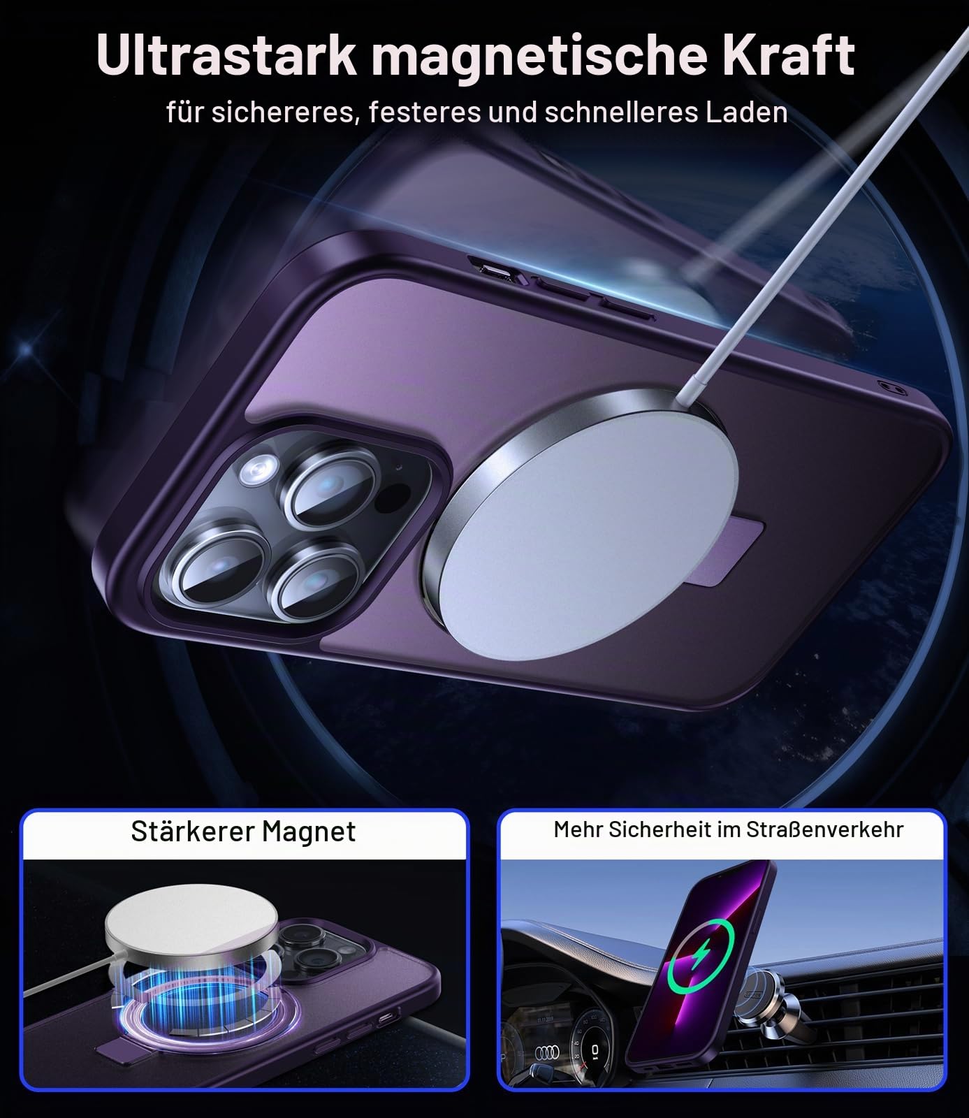 Chicfun 3-in-1 MagStänder für iPhone 14 Pro Hülle für MagSafe [Nr. 1 Magnetkraft+Handlicher Ständer+Militär Stoßfest] Schutzhülle Handyhülle iPhone 14 Pro Phone Case Cover Violett