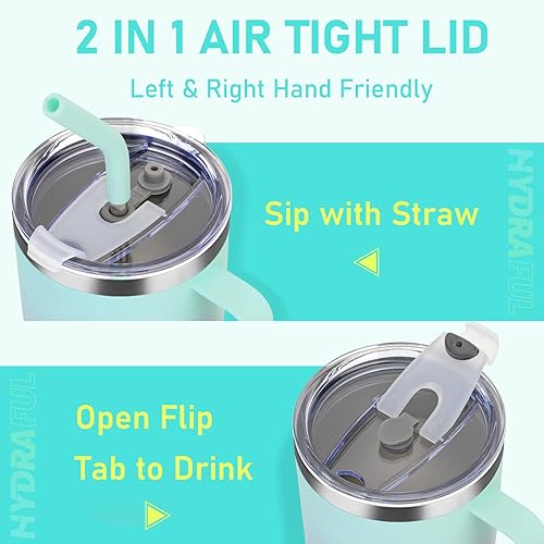 Miniatura 2 de Hydraful Taza aislada de 50 onzas con asa, 100% a prueba de fugas, taza de viaje grande de acero inoxidable reutilizable con 2 tapas, mantiene las