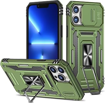 Design for iPhone 13 Pro Max Case with Stand & Camera Cover, Military Grade Drop Protective Case Built-in 180+360 Rotate Ring Kickstand,Shockproof Phone Cases for iPhone 13 Pro Max CaseGreen