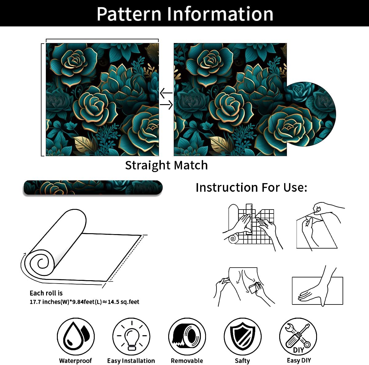 Peacock Blue Gilded Flower Wallpaper 17.71"x118.1" Peel and Stick Wall Paper Waterproof Vinyl Matte Flower Contact Paper for Bedroom Closet Entrances