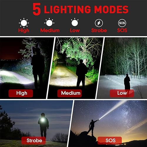 Miniatura 3 de Roxicosly Paquete de 2 linternas recargables de alto lúmenes, batería potente incorporada de 3500 mAh, pequeñas linternas LED de mano para