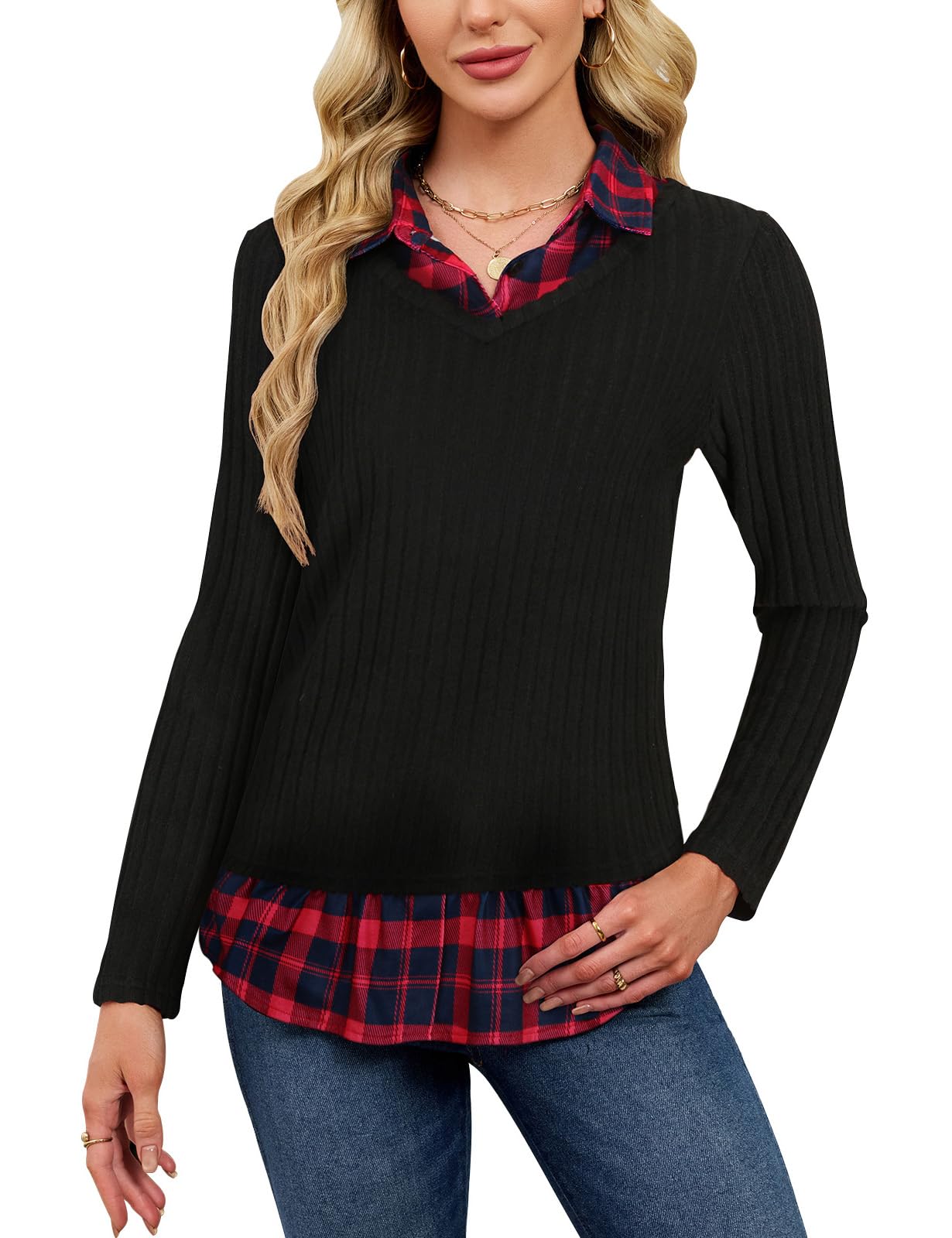 Collared Sweaters for Women Long Sleeve Shirt Sweater Combo Twofer Tops 2 in 1 Plaid Patchwork Layered Shirts