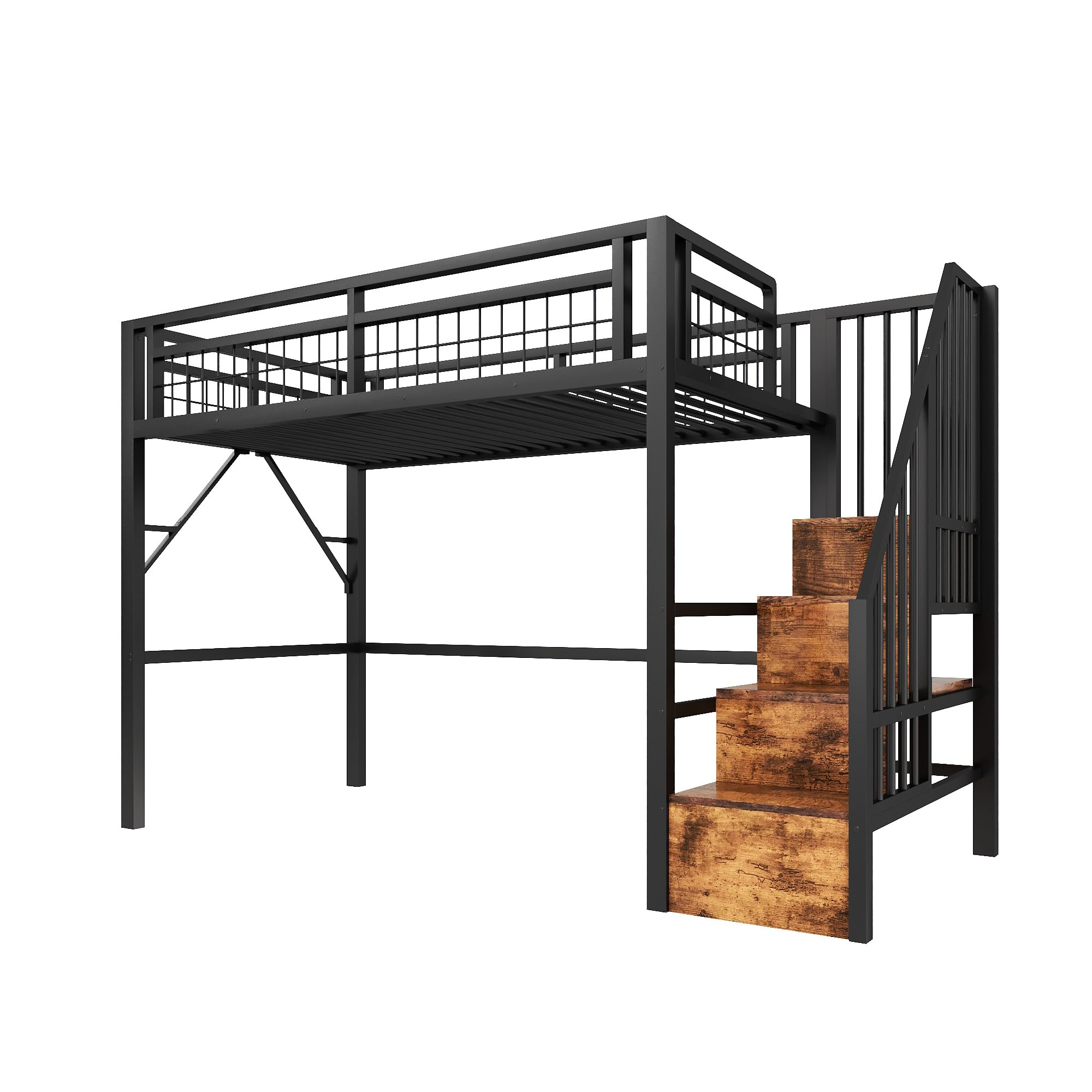 Letto a castello, 90 x 200 cm, con struttura in ferro, barra luminosa LED, scale con spazio di archiviazione, spazio libero per vestirsi, senza materasso, Nero
