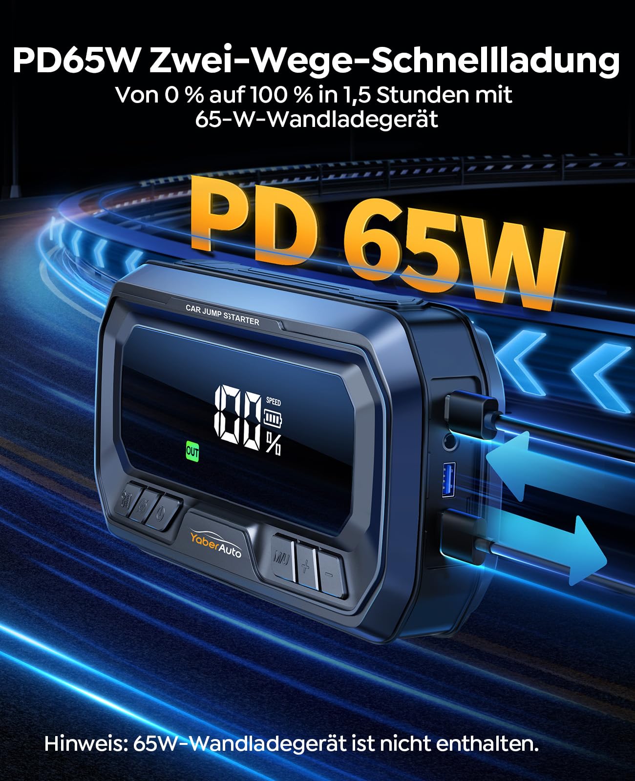 YaberAuto Starthilfe Powerbank mit Kompressor, 160PSI 8000A Auto Starthilfe, PD 65W Starthilfe Powerbank für All Benzin und 12.0L Dieselmotor, Starthilfe mit 600 Lumen Notlicht und 3.3" LCD Bildschirm