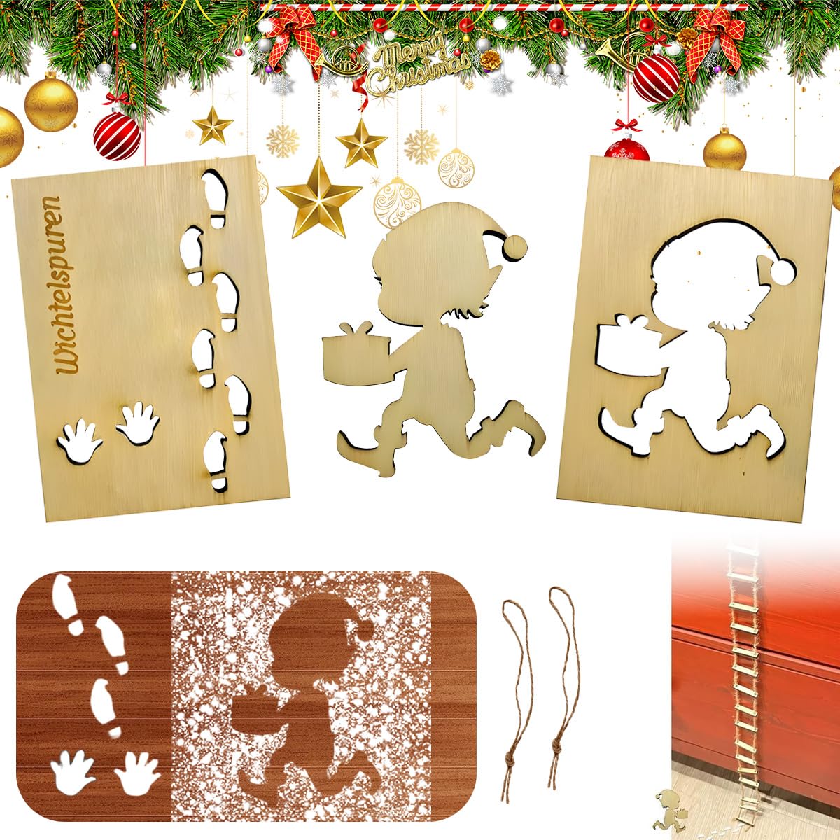 Gnome Footprint Stencil Set - Creative Wooden Gnome Templates Decor with Adjustable Elf Mini Rope Ladder for Windows Floors Doors Christmas Accessories Decoration
