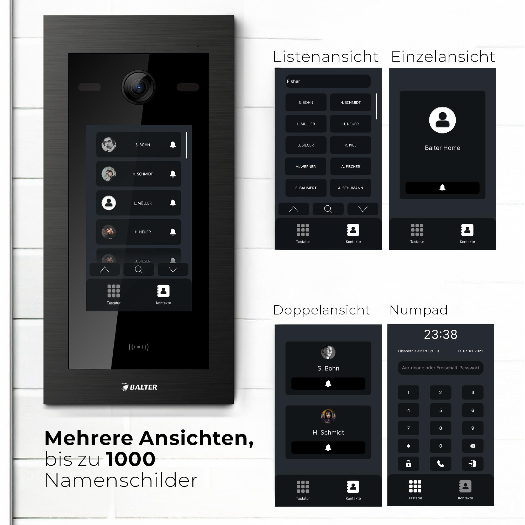 Balter EVO-HD Video Türsprechanlage mit Touchscreen Türstation, Video Türklingel, Smartphone App, 1 Familienhaus, 2X 7 Zoll Monitore, Türklingel mit Kamera Full HD, 2 Draht Bus, 175° Weitwinkel, RFID