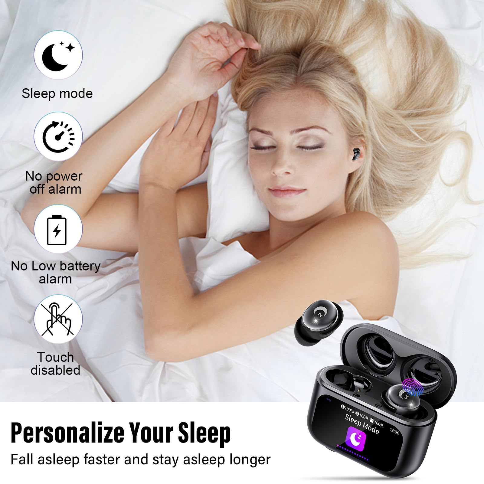 Sleep Earbuds, Bluetooth 5.4 Mini Wireless Ear Euds with Multifunctional Touch Screen, 48H Bass Stereo Headphones with Sleep Mode/5 EQ Modes/ENC Noise Cancelling, IPX7 Earphones for iOS Android - 3
