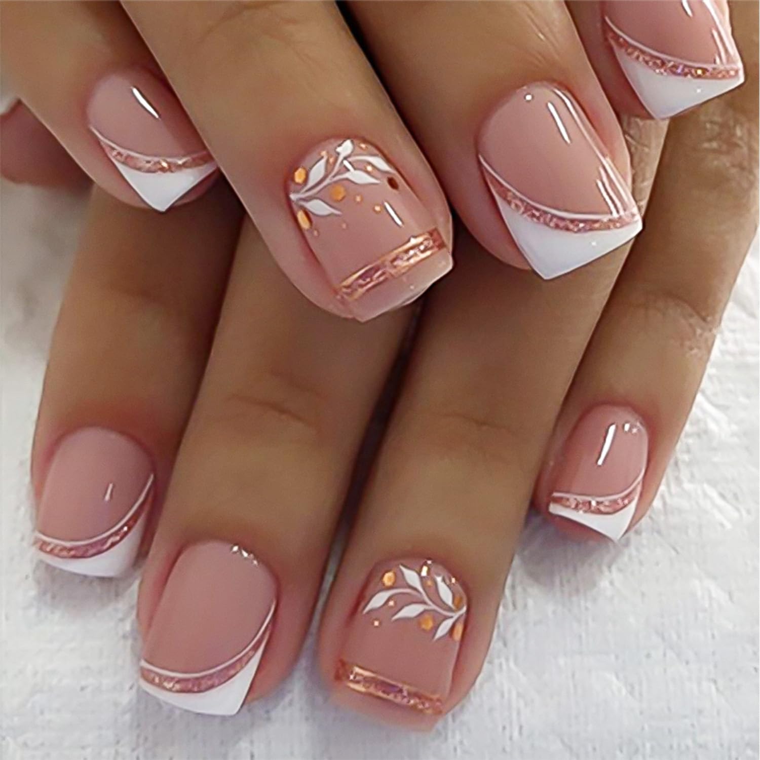 Nude Pink French Short Square Press On Nails, Short Square Fake Nails with Rose Gold Lines and Floral Design, Elegant Reusable Press On Nail Kit for Women, 24PCS French Manicure Set
