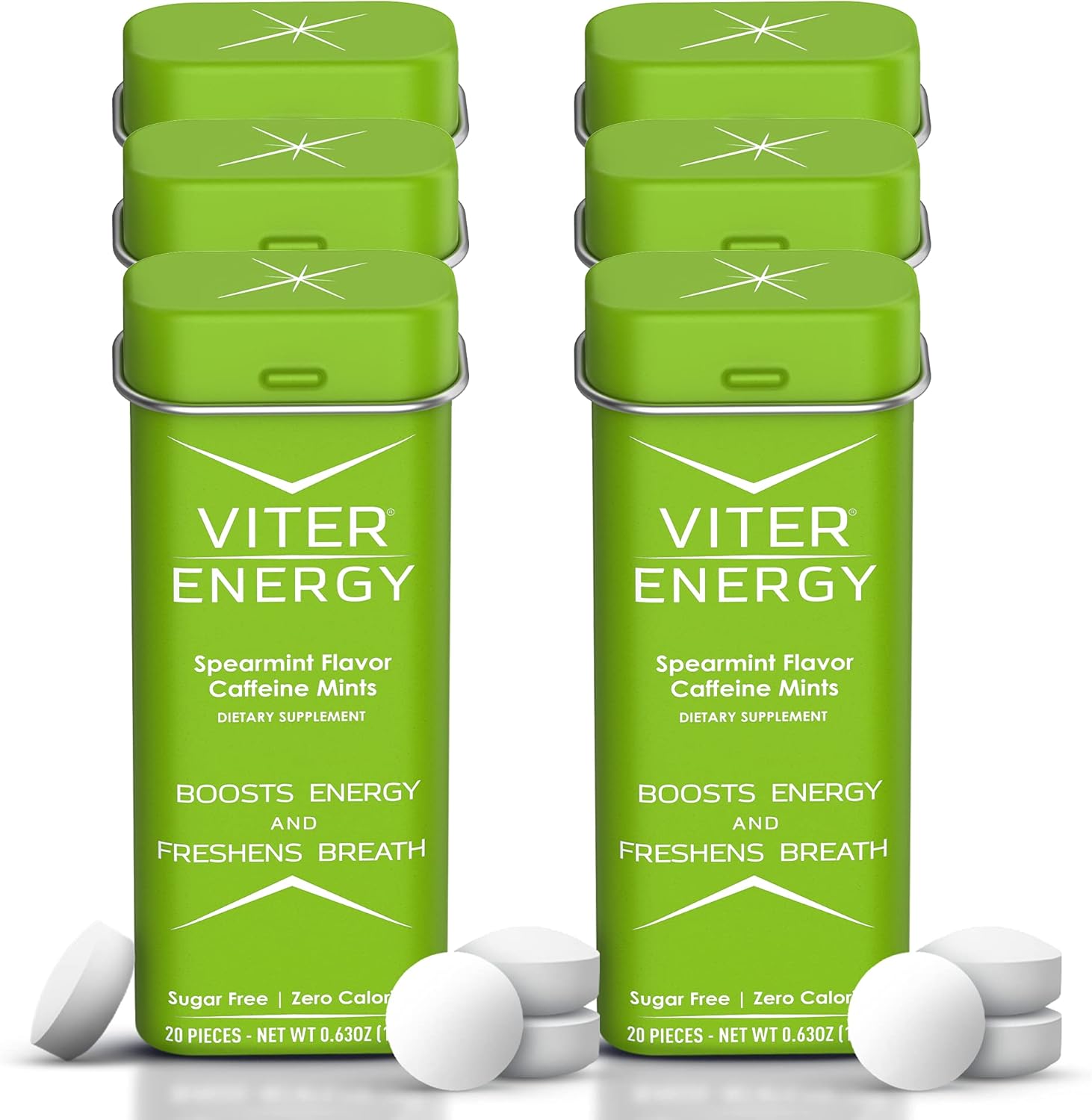 Viter Energy 40mg Caffeine Mints - Sugar Free, B Vitamins, Vegan, Boosts Fast Energized Alert Focus, Caffeinated Nootropic Supplement Pills (Spearmint Flavor, 20pcs, 6 Pack, 120pcs Total)