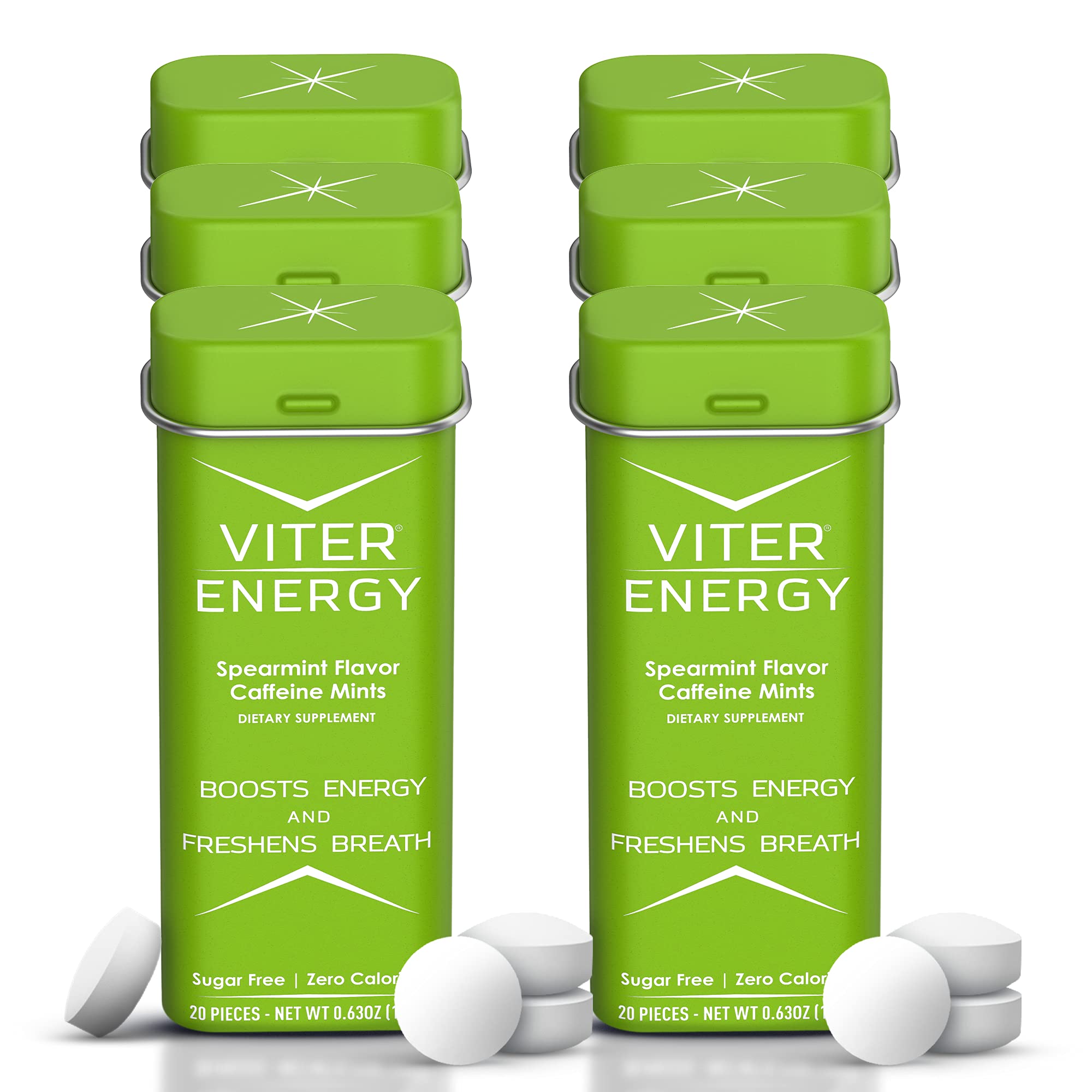 Viter Energy 40mg Caffeine Mints - Sugar Free, B Vitamins, Vegan, Boosts Fast Energized Alert Focus, Caffeinated Nootropic Supplement Pills (Spearmint Flavor, 20pcs, 6 Pack, 120pcs Total)