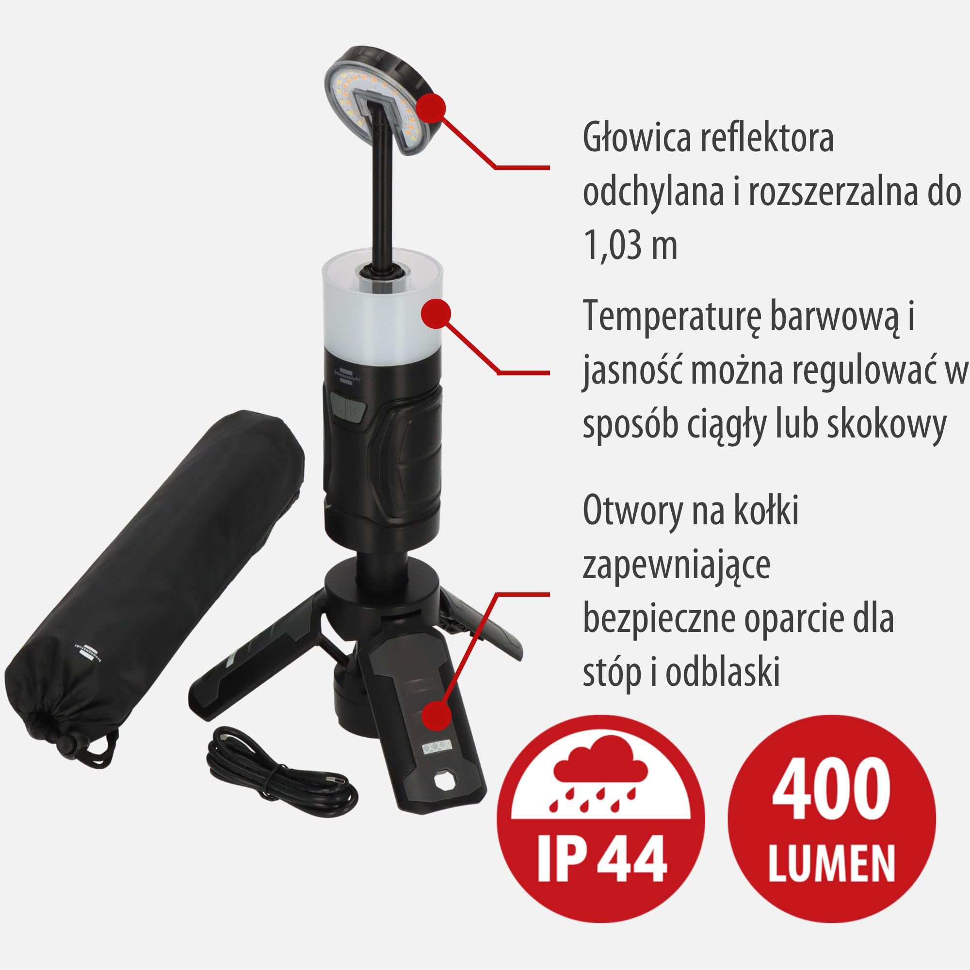 Brennenstuhl Akumulatorowa lampa zewnętrzna LED UL 400 AT (lampa kempingowa 400 lm, IP44,czas świecenia do 24 h, regulowana temperatura barwowa, możliwość przedłużenia do 1,03 m, kabel ładujący USB C)
