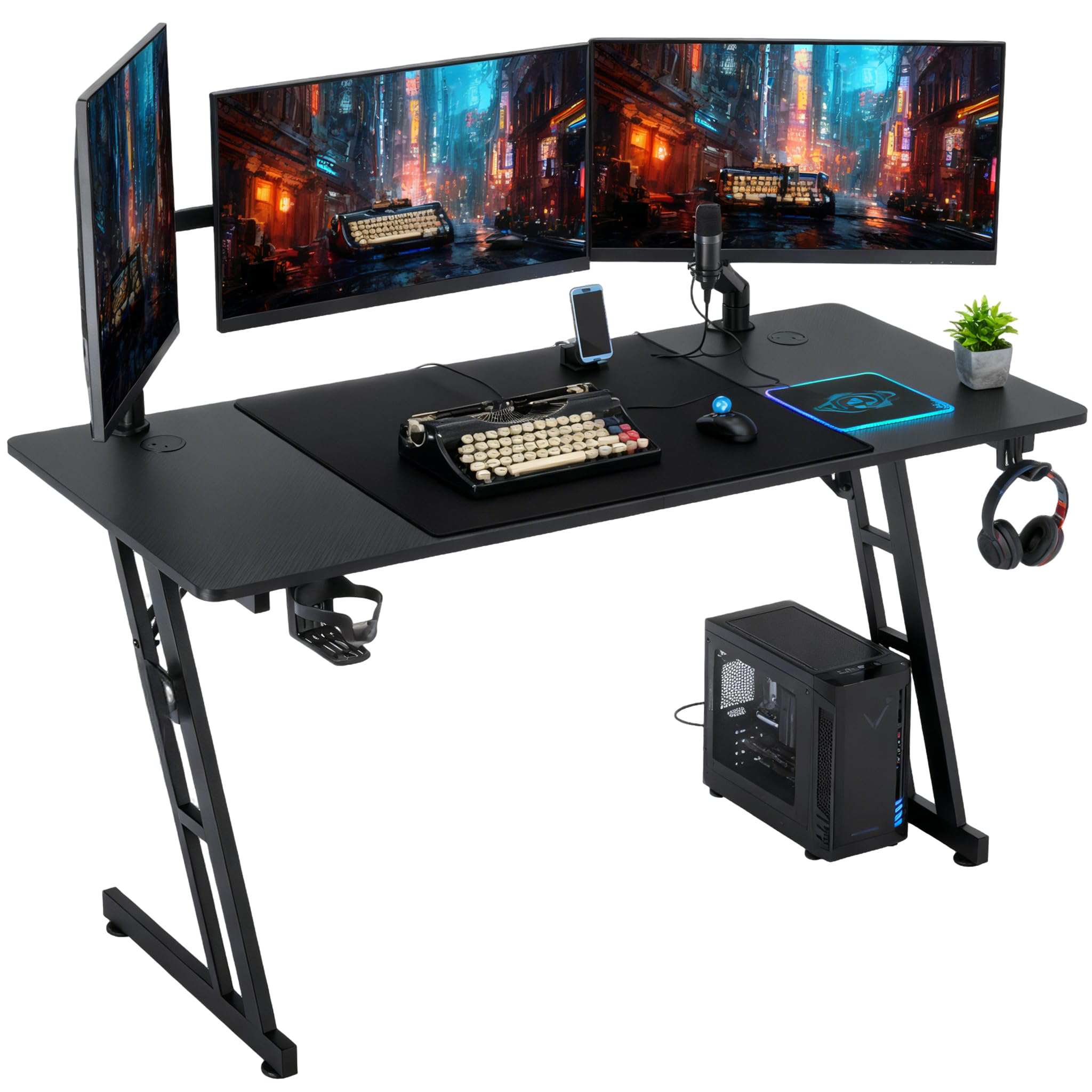Suusonly Gaming Tisch Profi, 160x60cm Bürotisch & Computertisch mit Getränkehalter, Ergonomischer PC Schreibtisch Gaming, Höhenverstellbarer Schreibtisch Gaming für Gamer, Schwarz -ohne LED