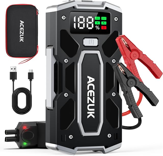 ACEZUK Avviatore Batteria Auto,9000A Avviatore di Emergenza per Auto/Moto(10.0L Gas or 8.0L Diesel) Starter Batteria Portatile Jump Start con LED/LCD Luce LED, porta QC3.0