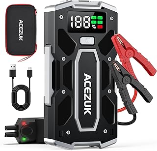 ACEZUK Booster Batterie Voiture 9000A, Démarreur de Batterie de Voiture Portable(Jusqu'à 8.0L Diesel ou 10.0L Gaz), 12V Jump Starter, Pinces Intelligentes avec Écran, Lumière LED, Port de QC3.0