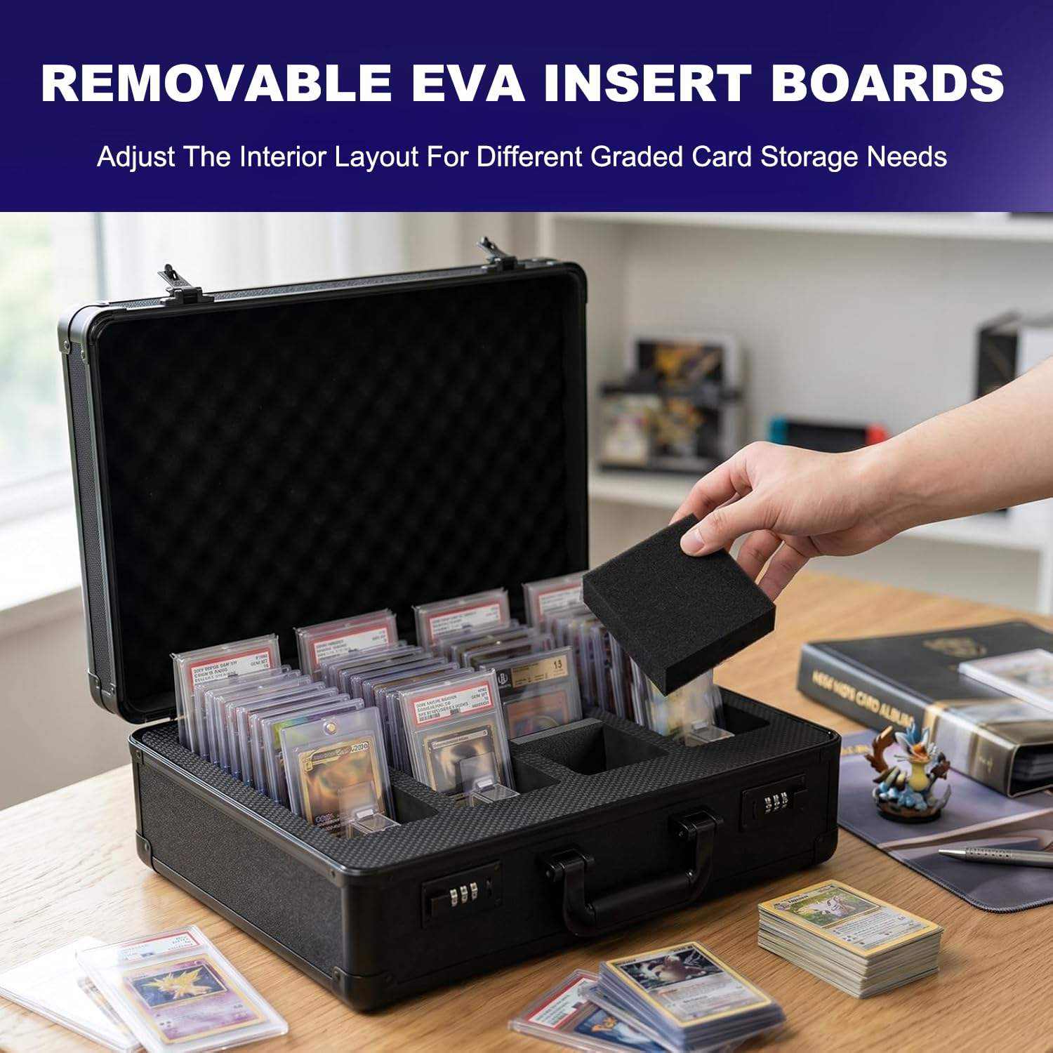 Scatola Porta Carte Classificate, Borsa da Trasporto per Carte Sportive con Divisori in Schiuma e Lucchetto a Combinazione, Adatta per 150 PSA, CSG, BGS e Top Loader