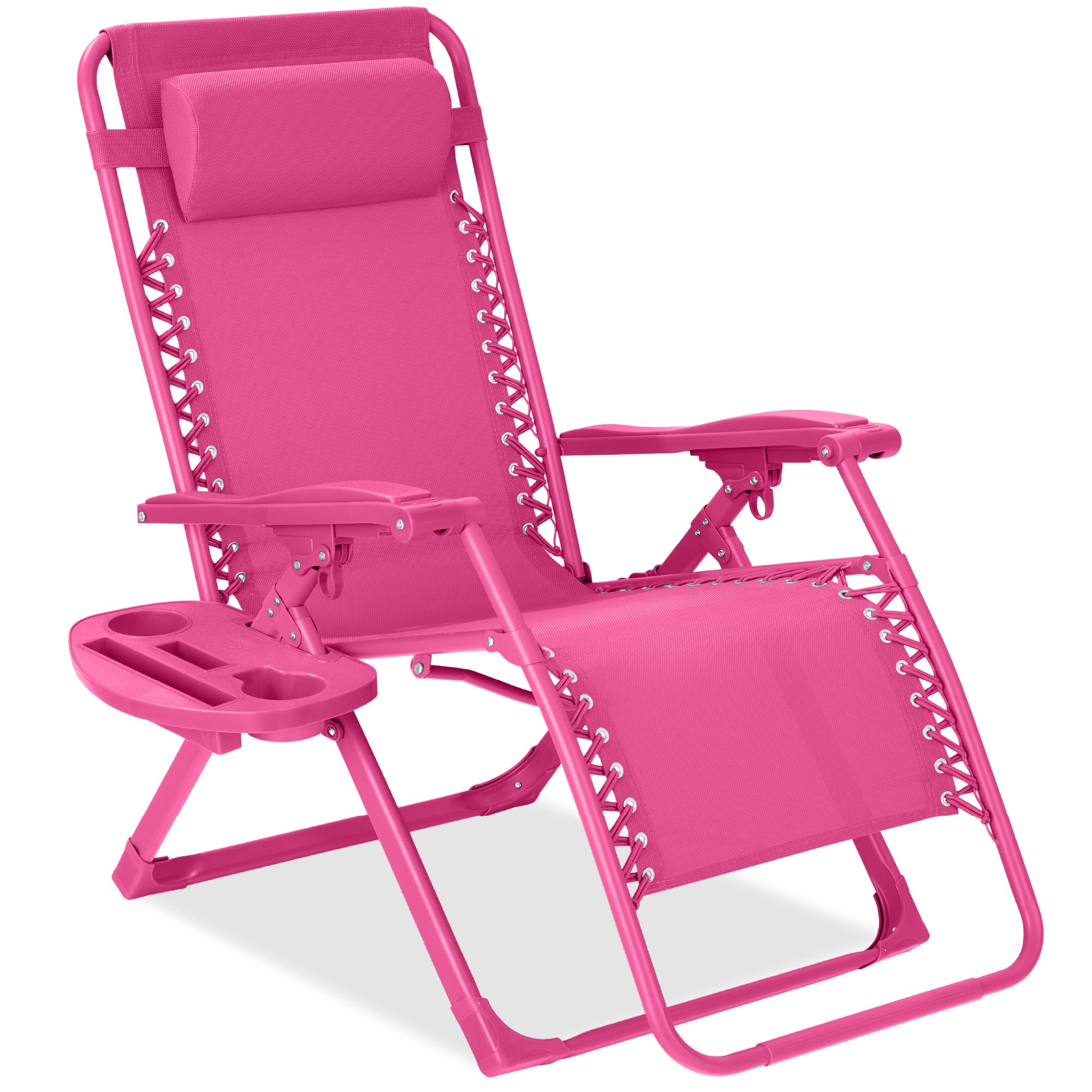 Best Choice Products Adjustable Zero Gravity Chair, Monochromatic Color Folding Patio Recliner w/Side Tray, Headrest - Ultimate Pink