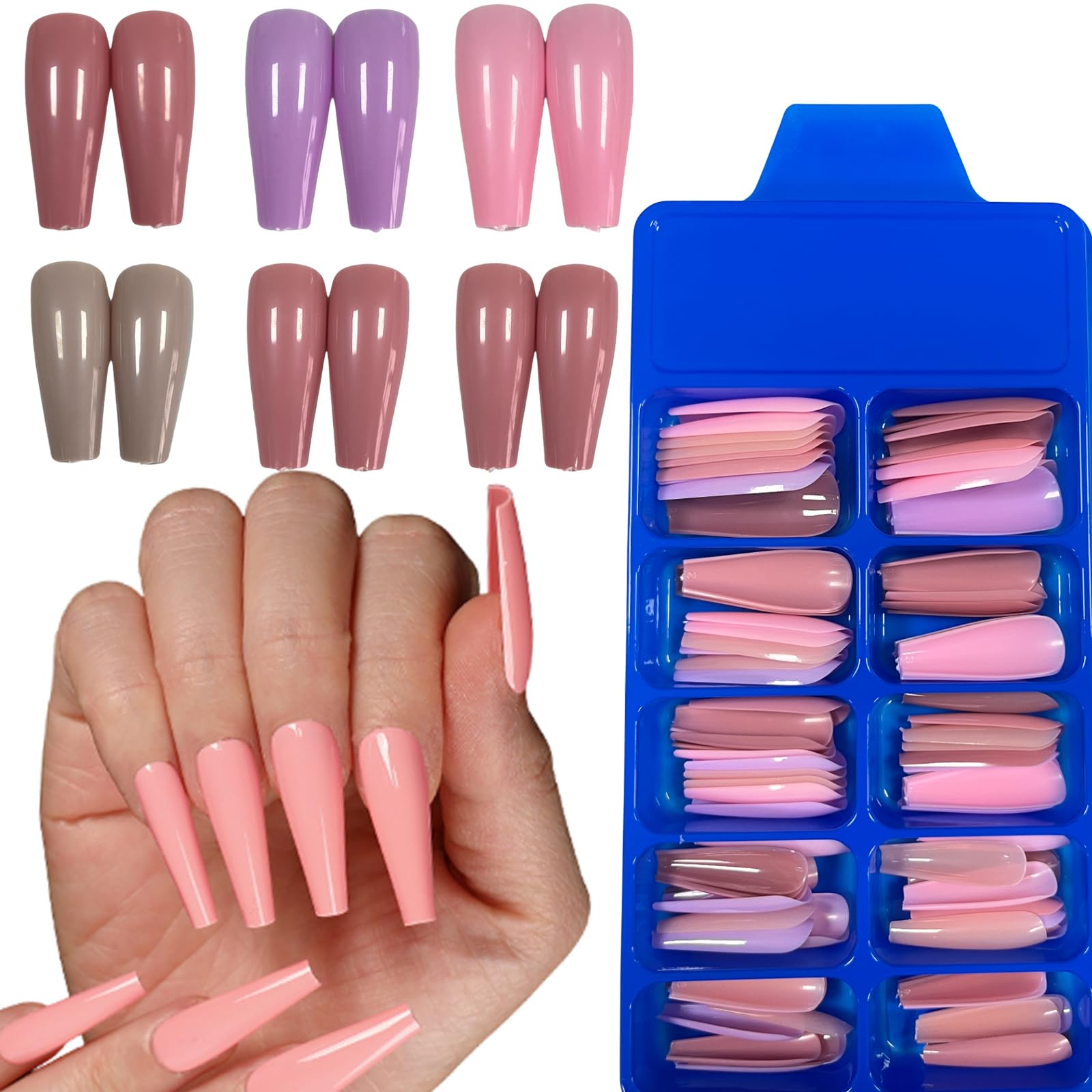 100Pcs Coffin Press on Nails Long Ballerina Shiny Glossy Acrylic Fake Nails Full Cover Solid Color Glue on Nails Natural Artificial False Nail for Women Girls Fingernail Decor
