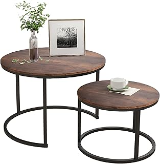 HOJINLINERO Black Round Coffee Table Set of 2 Side Table for Living Room,Industrial Stacking End Tables,Wood Look Accent F...