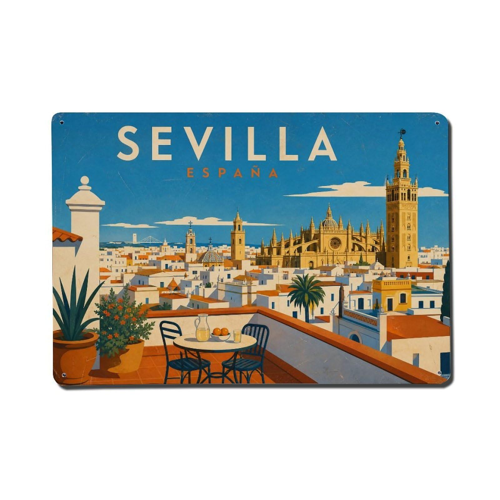 Metal Tin Sign Seville Spain Vintage Travel