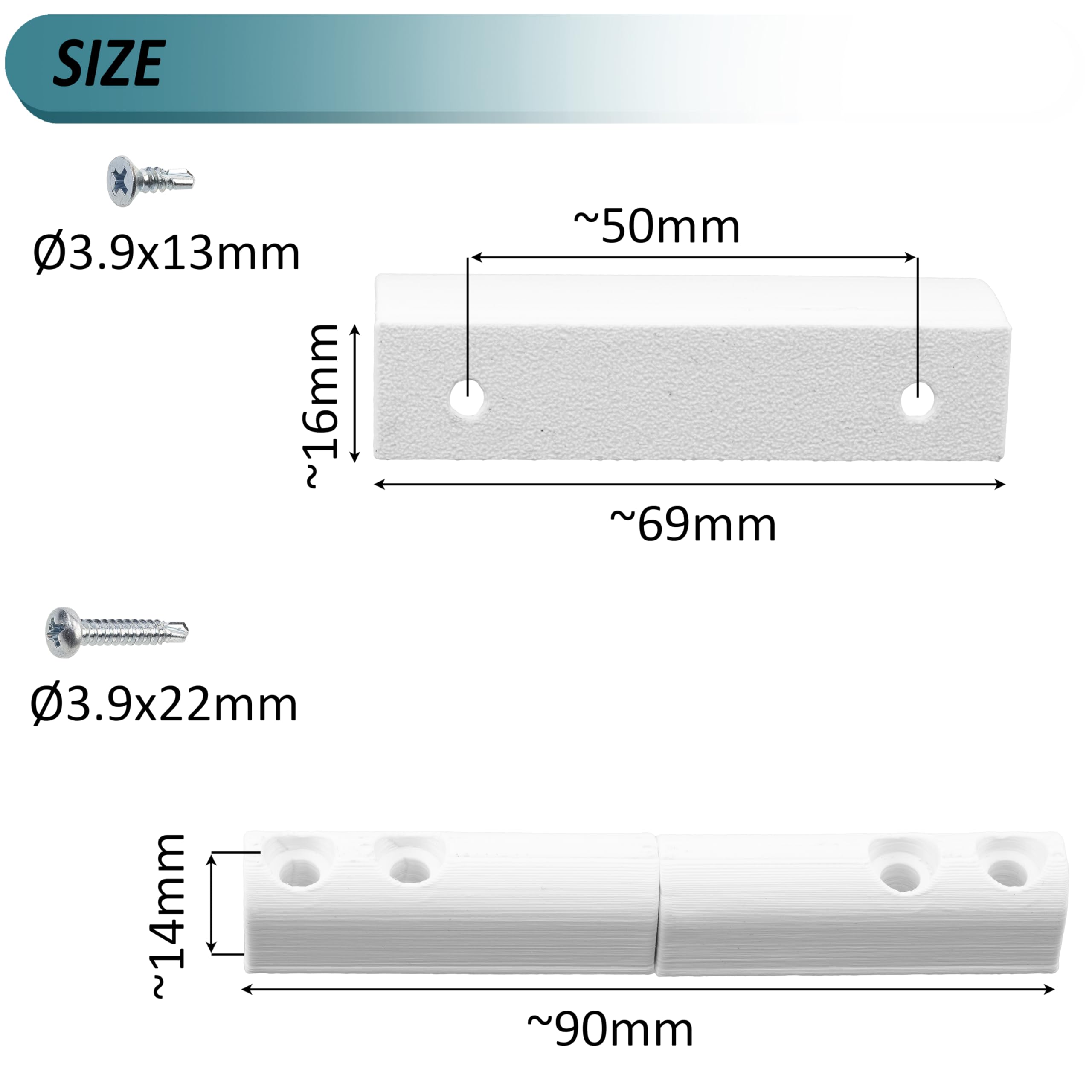 AERZETIX - Kit di accessori per telaio zanzariera: 2 cerniere, 1 maniglia, 1 chiavistello in plastica bianca + 14 viti autofilettanti (Ø3.9x22 mm, Ø3.9x13 mm, Ø3.9x16 mm)
