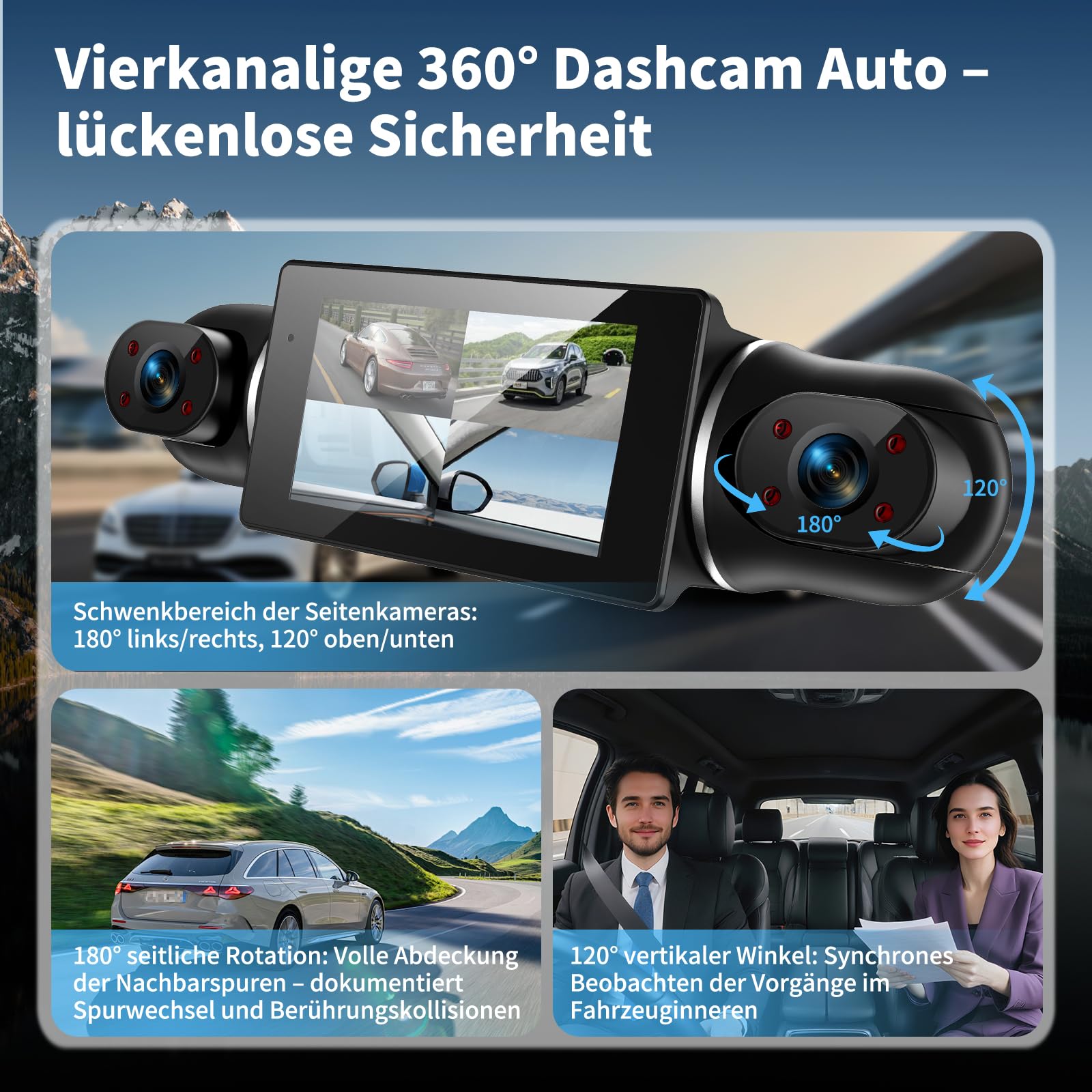 Dashcam Auto Vorne Hinten 4K/1080P,4 Kanal Auto Kamera mit 64GB SD-Karte | 360°Dash Cam mit parküberwachung,4X140° Weitwinkel,3" IPS-Bildschirm,Super Nachtsicht,WDR,G-Sensor,Loop-Aufnahme,cable App
