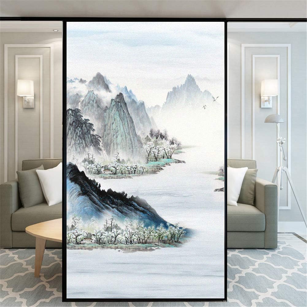 No Glue Decorative Privacy Frosted Window Film Ink Landscape Painting Pattern Glass Door Window Covering Window Decals Window Sticker for Home Office 65x200cm(25.6"x78.74")