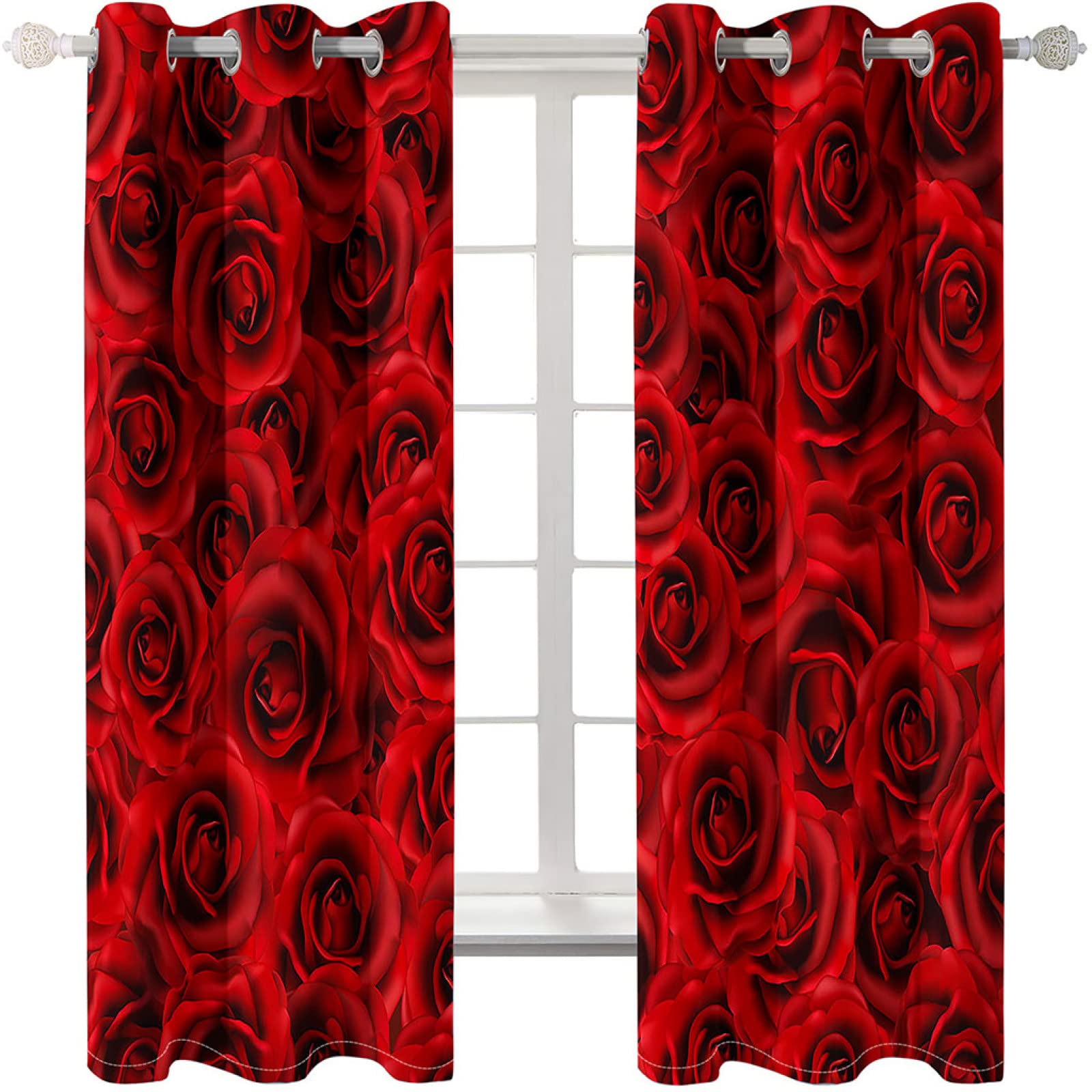 Cortinas Opacas 2 Piezas Salon - Patrón De Flor Rosa Roja De Impresión Cortinas Habitacion Juvenil 234X232cm Cortinas Aislantes Termicas con Argollas Decoración De La Ventana
