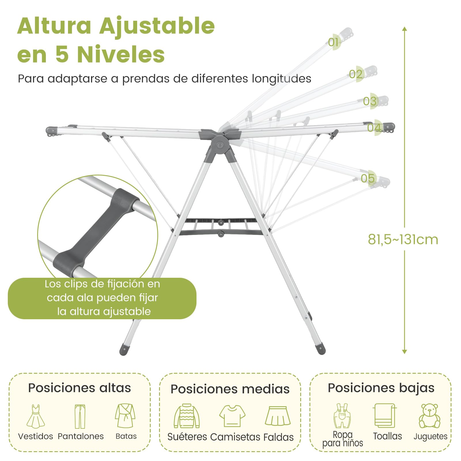 COSTWAY Tendedero Plegable de Aluminio de 5 Niveles, Tendedero de 2 Capas con Altura Ajustable, 21 Rieles De Secado, 10 Clips Laterales, 4 Soportes para Zapatos, Colgador Plegable para Ropa