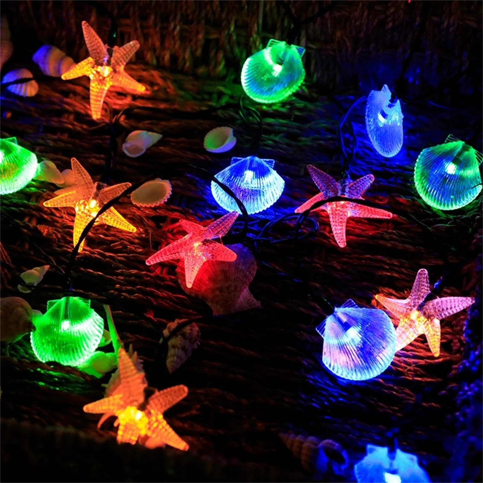 FANSU Starfish/Shells LED Garden Lights, 8 Modes Indoor/Outdoor Solar String Lights, Solar Lights Outdoor Garden, for Patio Yard Christmas Parties Wedding Decorations (Colorful,12m/100LED)