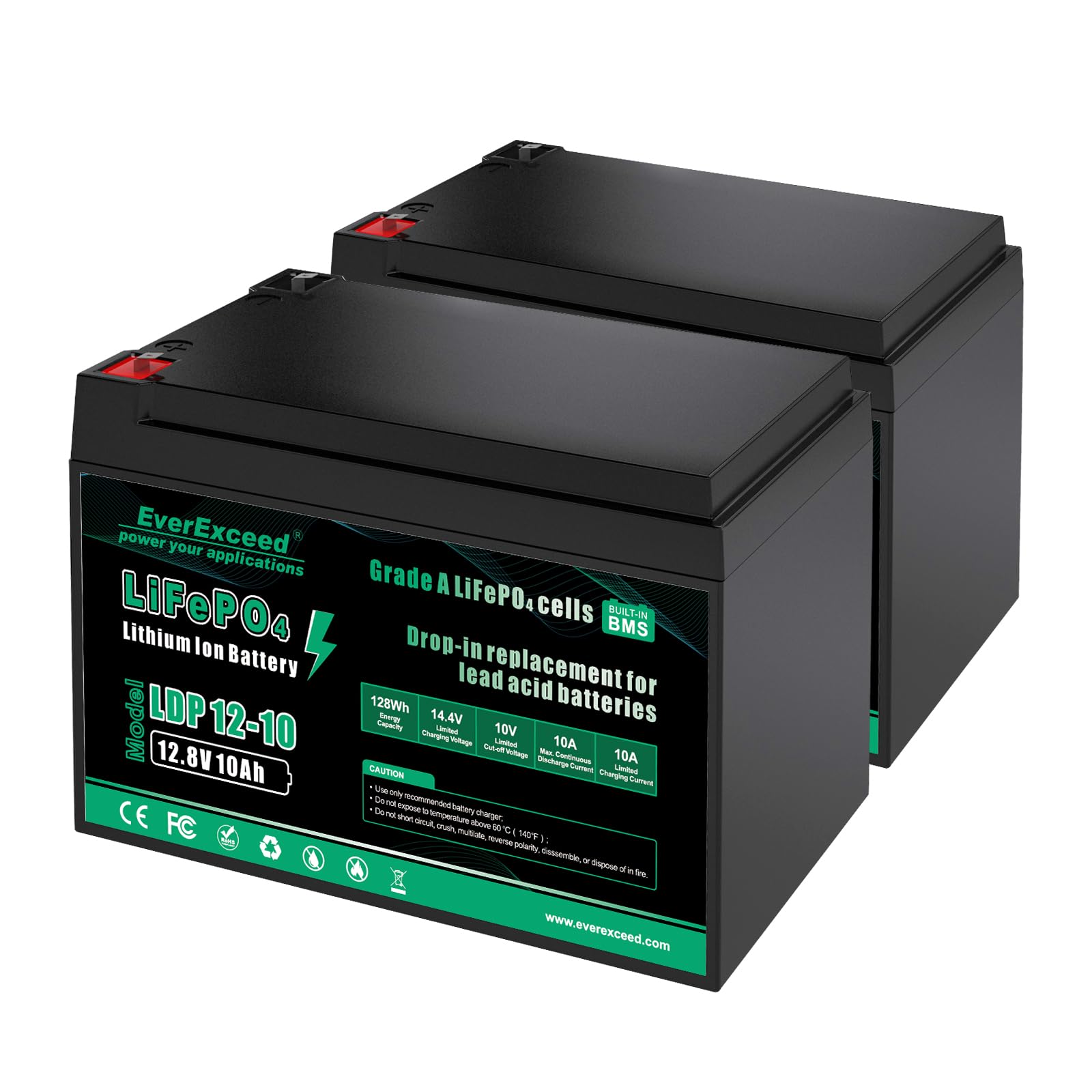 Photo 1 of EverExceed 12V 10Ah LiFePO4 Battery Built-in 10A BMS, 3000+ Deep Cycles 12V Lithium Battery for Power Wheels, Fish Finder, Lawn Mower, Burglar Alarm System, Lighting, RV, 2 Pack