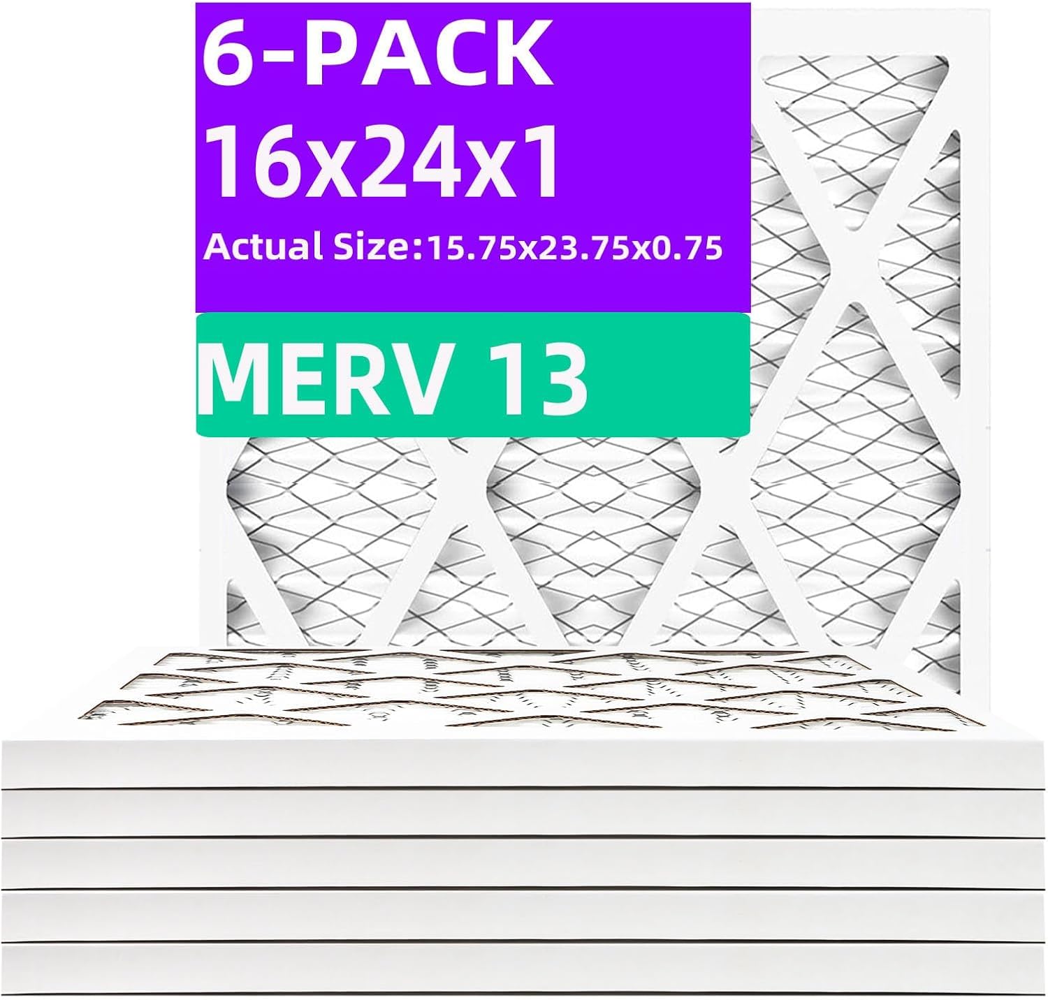 16x24x1 MERV 13 (6-Pack) Pleated Air Filter (Actual Size: 15.75"x23.75"x0.75") MPR 1900 & FPR 10, Furnace Air Filters 16x24x1 6-Pack MERV 13