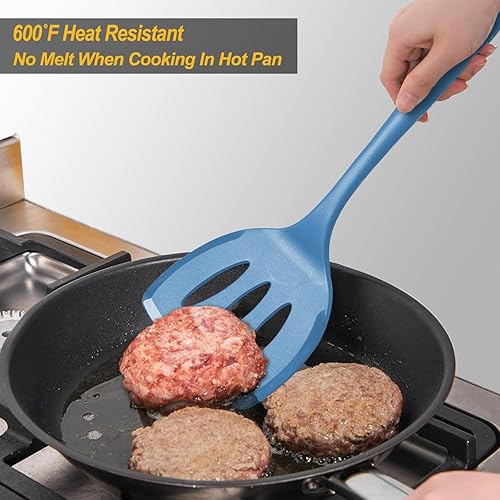 Miniatura 6 de Espátula de silicona para panqueques con mango alargado y diseño sin costuras, aleta ranurada resistente al calor para utensilios de cocina