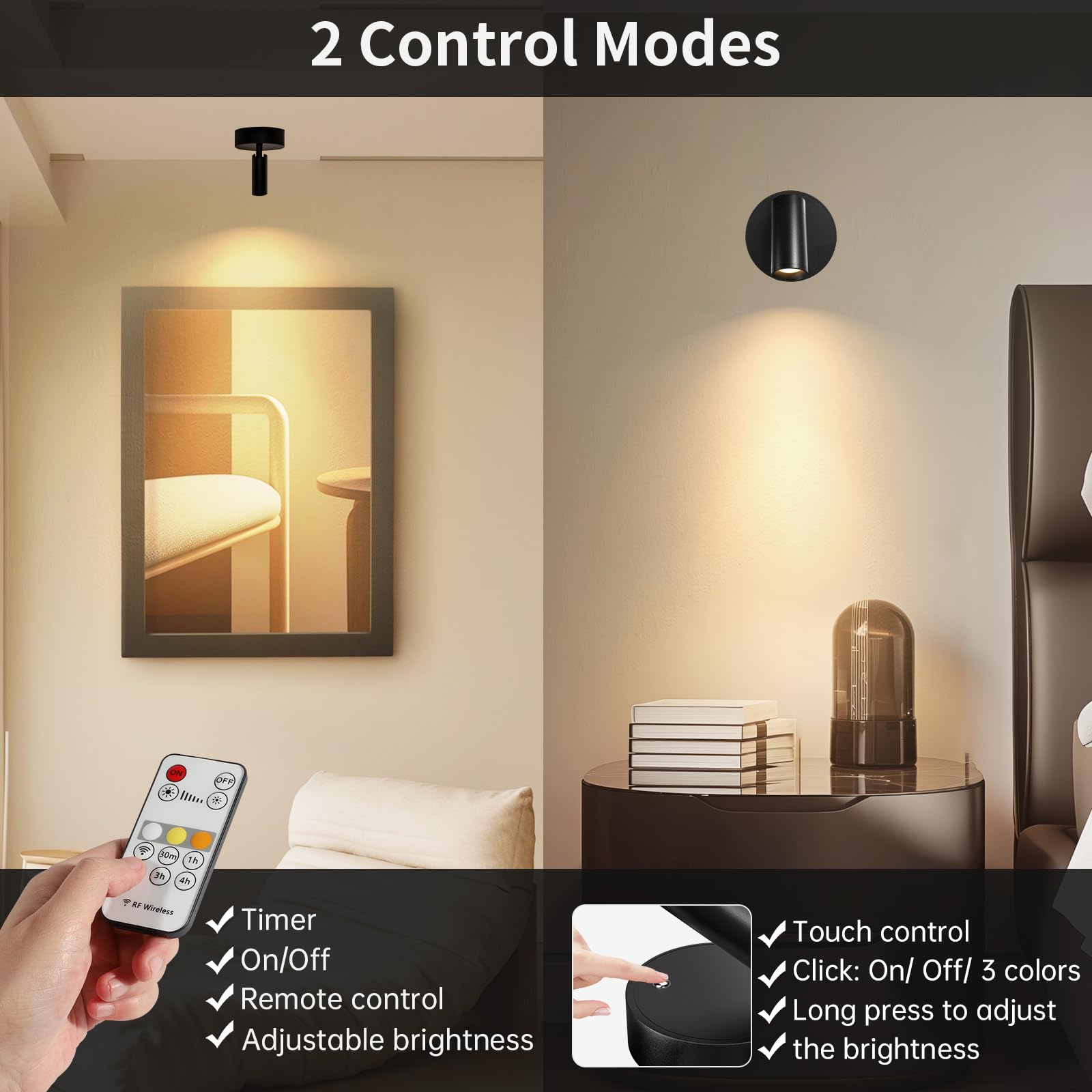 TaoFiaCo LED Spots Akku Wandleuchte Innen Schwarz 2 Stück - USB Wandlampe Aufladbar mit Fernbedienung 3 Farben - Spotlight LED Wandspots Bilderbeleuchtung Kabellos für Pflanzenstrahler Schlafzimmer