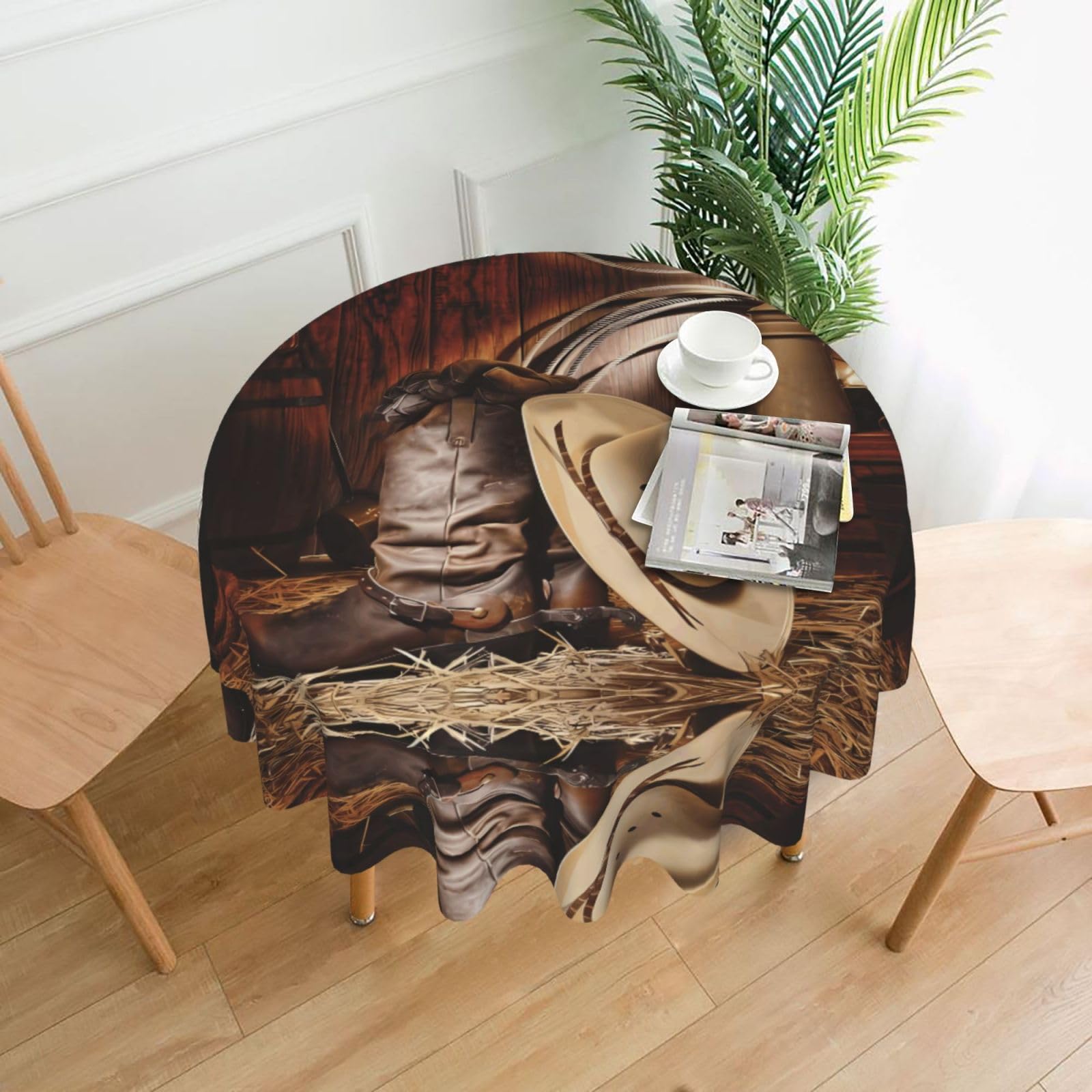 HJFCZH Cowboy Black Hat Western Boots Prints Round Decorative Tablecloth 60in - High-Grade Polyester Throw for Dinners, Weddings & Everyday Use