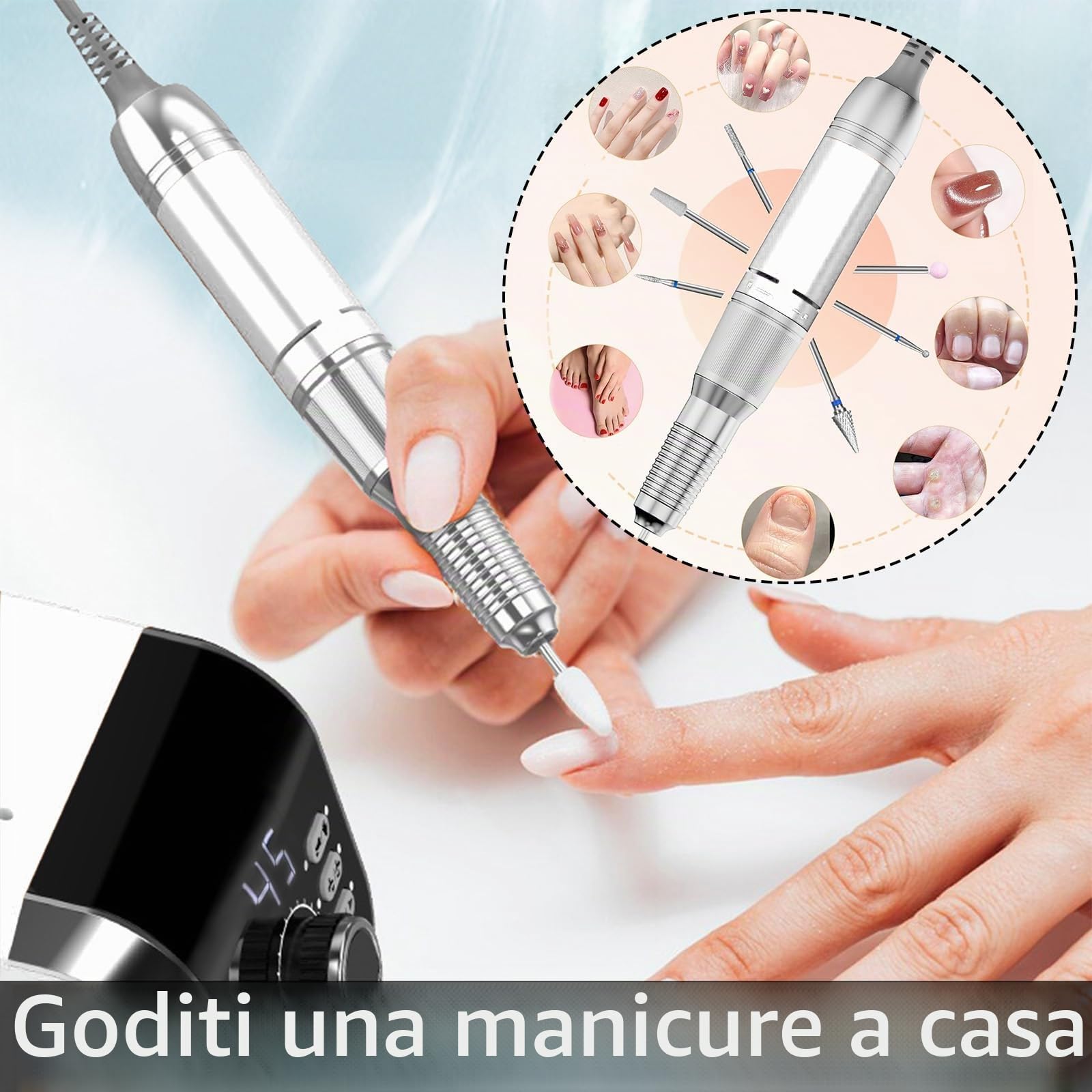 Fresa per Unghie, Fresa per Unghie Professionale da 45000 Giri/Min con 11 Frese per Unghie e 75 Bande Set di Fresa Unghie Professionale con 45 Livelli Regolabili e Display LCD per Casa e Manicure