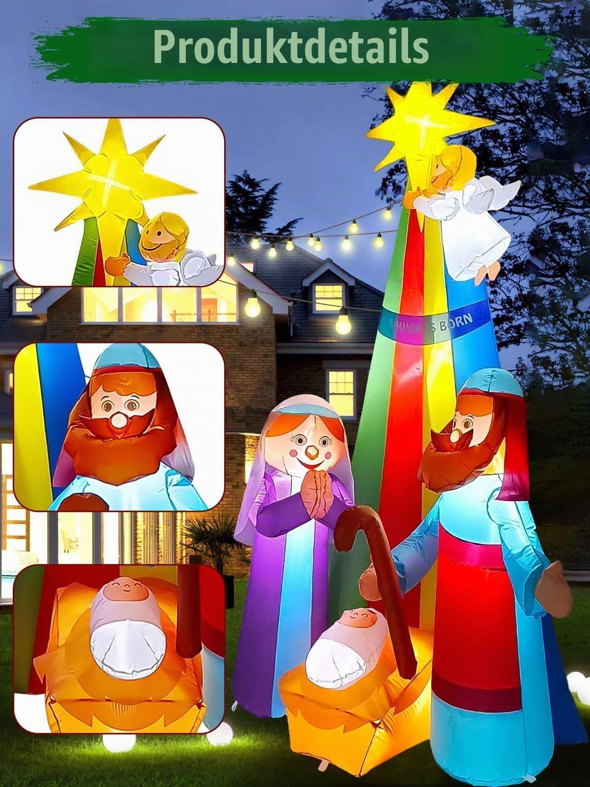 Kalolary 7FT Weihnachten Aufblasbare Jesus Dekoration | Beleuchtete Outdoor Krippe mit Stern von Bethlehem Blasen Hof Dekorat für Garten Rasen Outdoor Dekorationen (Die Krippe)