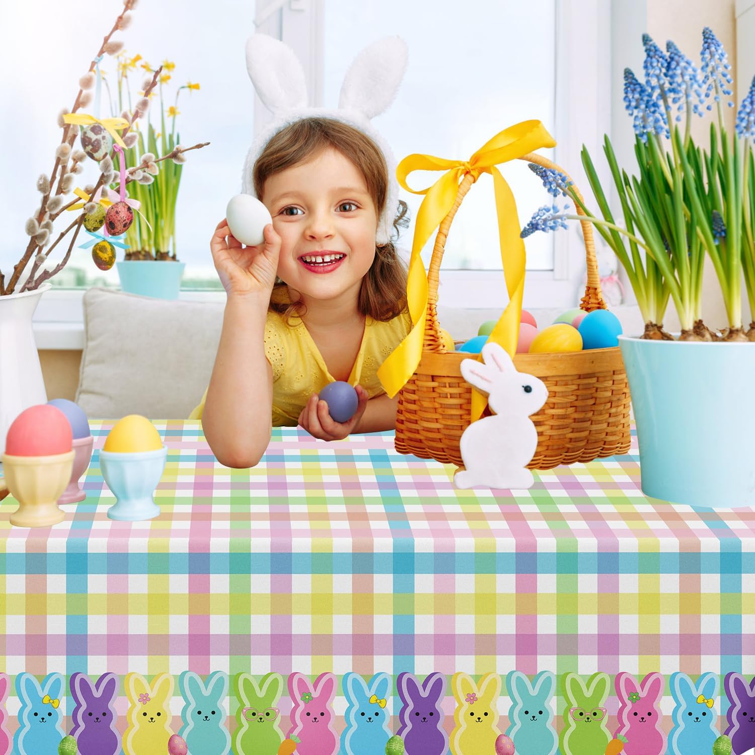 4 Pack Easter Tablecloth Spring Buffalo Bunny Table Cloth Color Plaid Rabbit Tablecloth Disposable Rectangle Table Covers Easter Decorations for Picnic Spring Birthday Party Supplies 51 x 86in