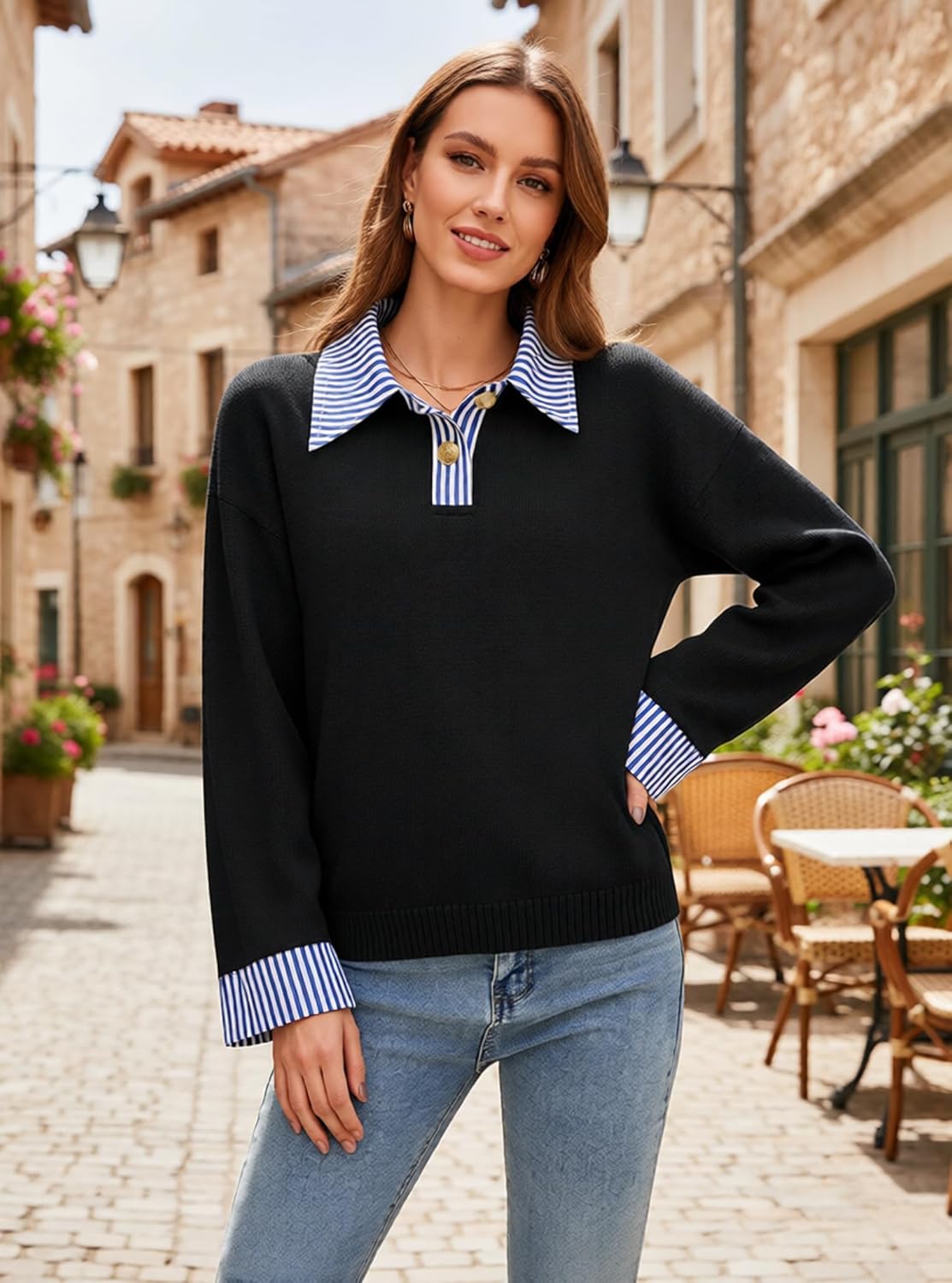 ETCYY Womens Oversized Sweater Cozy Fall Long Sleeve Button Up Denim Polo Pullover Tops Sweatshirt Tunic Collared Sweaters - Image 3