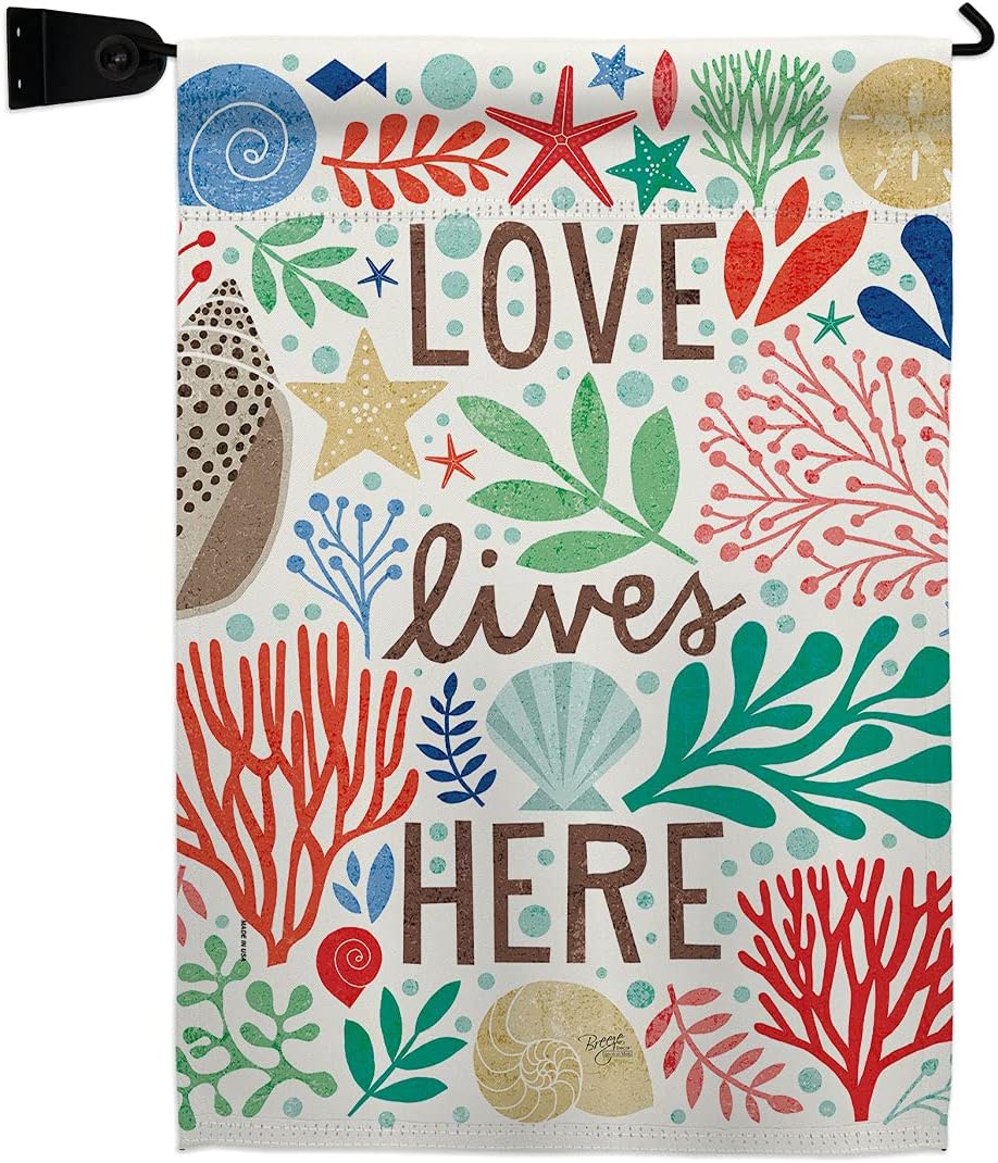 Love Lives Here Garden Flag Set Wall Holder Coastal Beach Tropical Sea Shells Ocean Sand Outdoor Summer Coral Small Decorative Gift Yard House Banner Double-Sided Made In USA 13 X 18.5